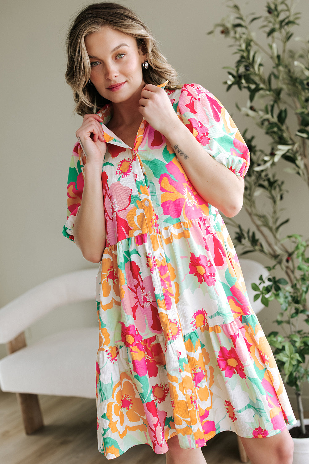 Blue Zone Planet | Green Floral Puff Sleeve Collar Buttoned Babydoll Dress-TOPS / DRESSES-[Adult]-[Female]-2022 Online Blue Zone Planet