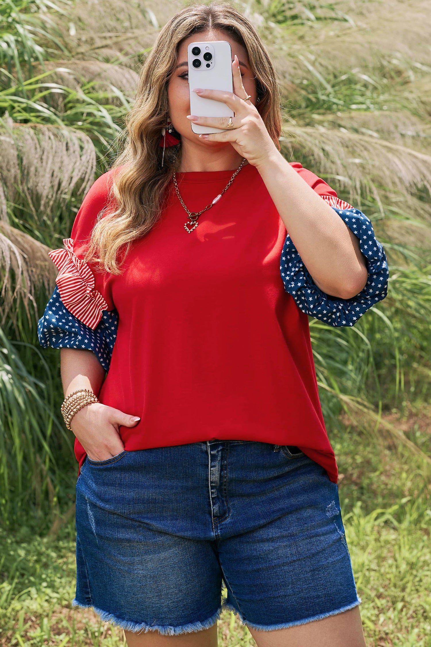 Fiery Red Plus Size Striped Ruffles Star Short Bubble Sleeve Patchwork Top-Plus Size/Plus Size Tops/Plus Size Tops & Tees-[Adult]-[Female]-2022 Online Blue Zone Planet
