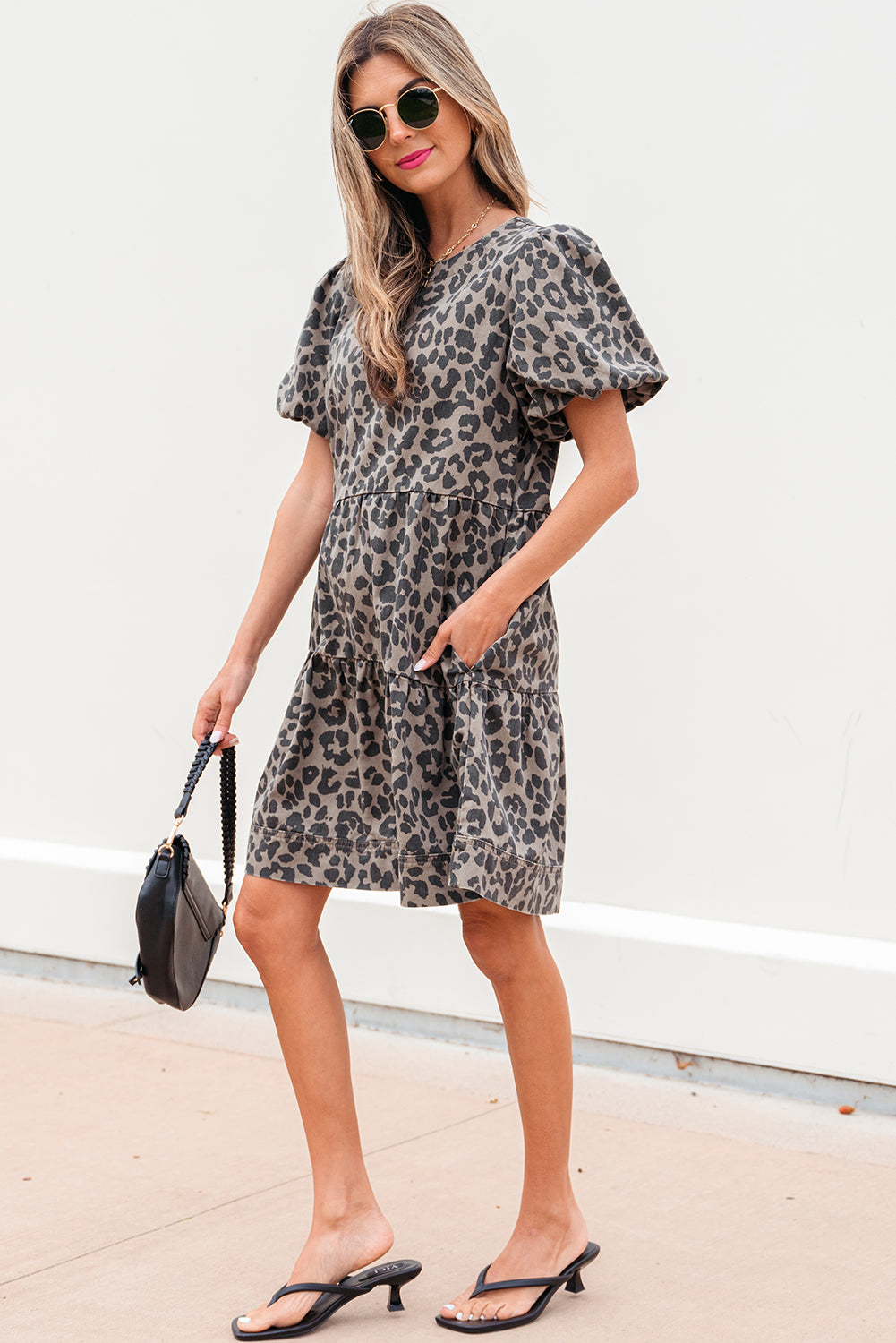 Brown Denim Leopard Printed Short Puff Sleeve Mini Dress-TOPS / DRESSES-[Adult]-[Female]-2022 Online Blue Zone Planet