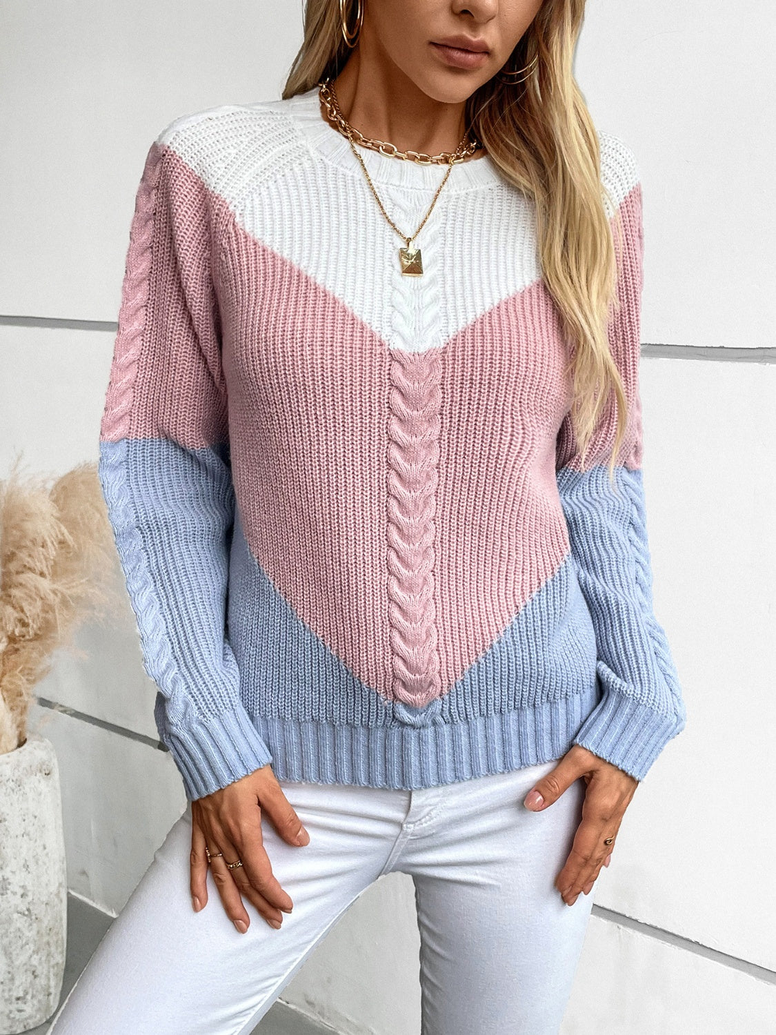 Color Block Round Neck Long Sleeve Sweater-TOPS / DRESSES-[Adult]-[Female]-2022 Online Blue Zone Planet