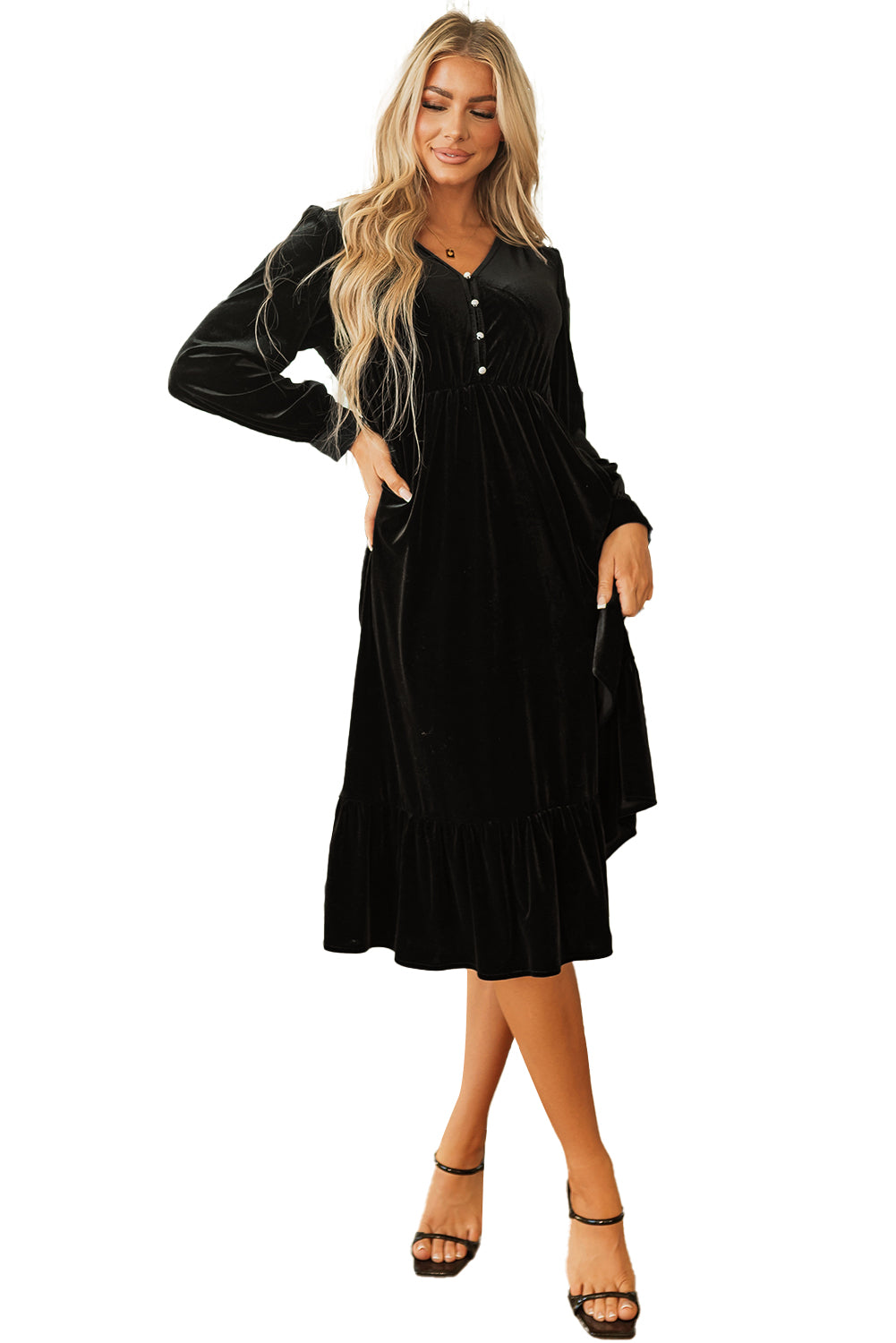 Blue Zone Planet | Black Velvet Buttoned Puff Sleeve V Neck Split Midi Dress-TOPS / DRESSES-[Adult]-[Female]-2022 Online Blue Zone Planet