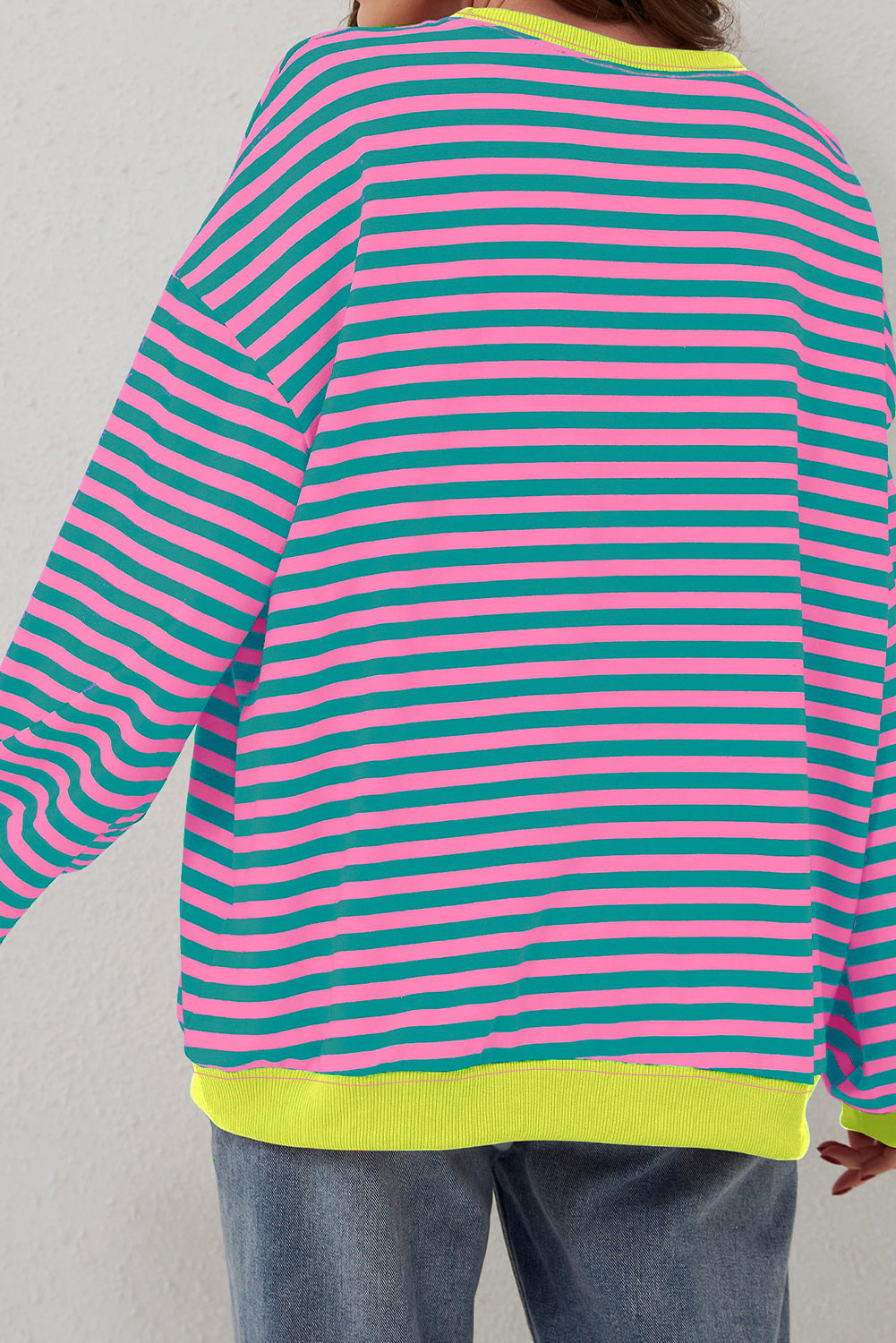 Rose Stripe Contrast Ribbed Trim Crossed Stitch Drop Shoulder Sweatshirt-Tops/Sweatshirts & Hoodies-[Adult]-[Female]-2022 Online Blue Zone Planet