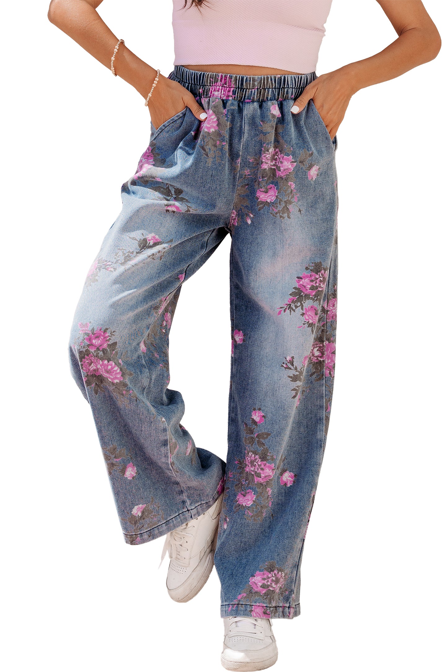 Beau Blue Floral Print Elastic Waist Pull On Casual Jeans-Bottoms/Jeans-[Adult]-[Female]-2022 Online Blue Zone Planet