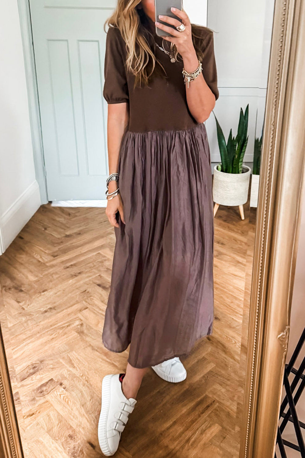 Coffee Short Sleeve Knit Top Patchwork Pleated Long Dress-TOPS / DRESSES-[Adult]-[Female]-2022 Online Blue Zone Planet