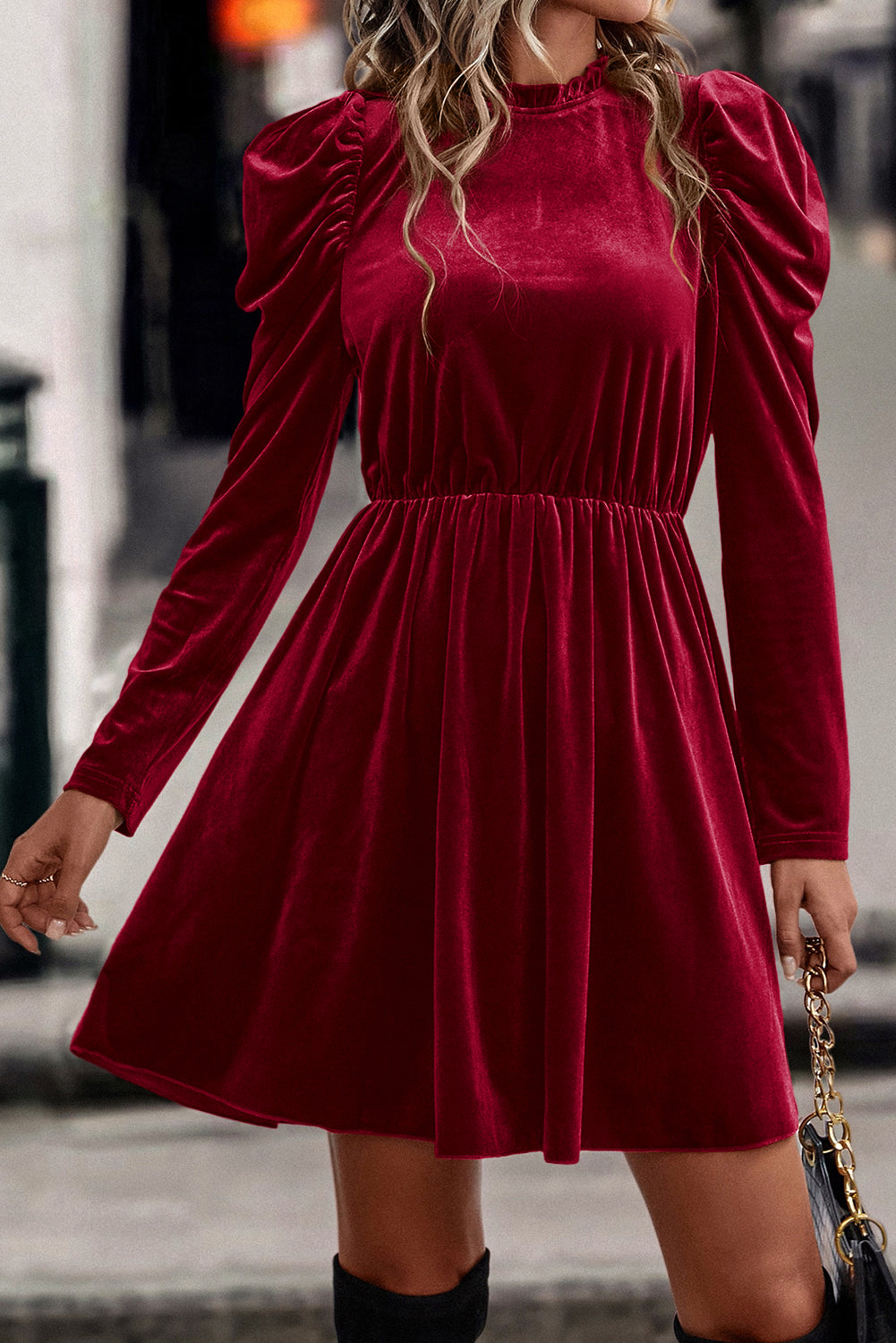 Red Dahlia Velvet Frilled Neck Gigot Sleeve Swing Dress-TOPS / DRESSES-[Adult]-[Female]-Red Dahlia-S-2022 Online Blue Zone Planet