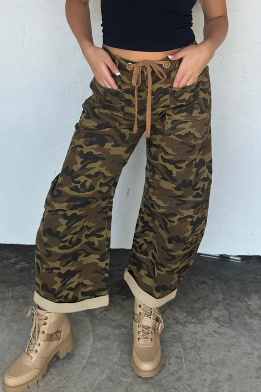 Multicolour Camouflage Print Retro Grommet Tie Waist Loose Jeans-Bottoms/Jeans-[Adult]-[Female]-2022 Online Blue Zone Planet