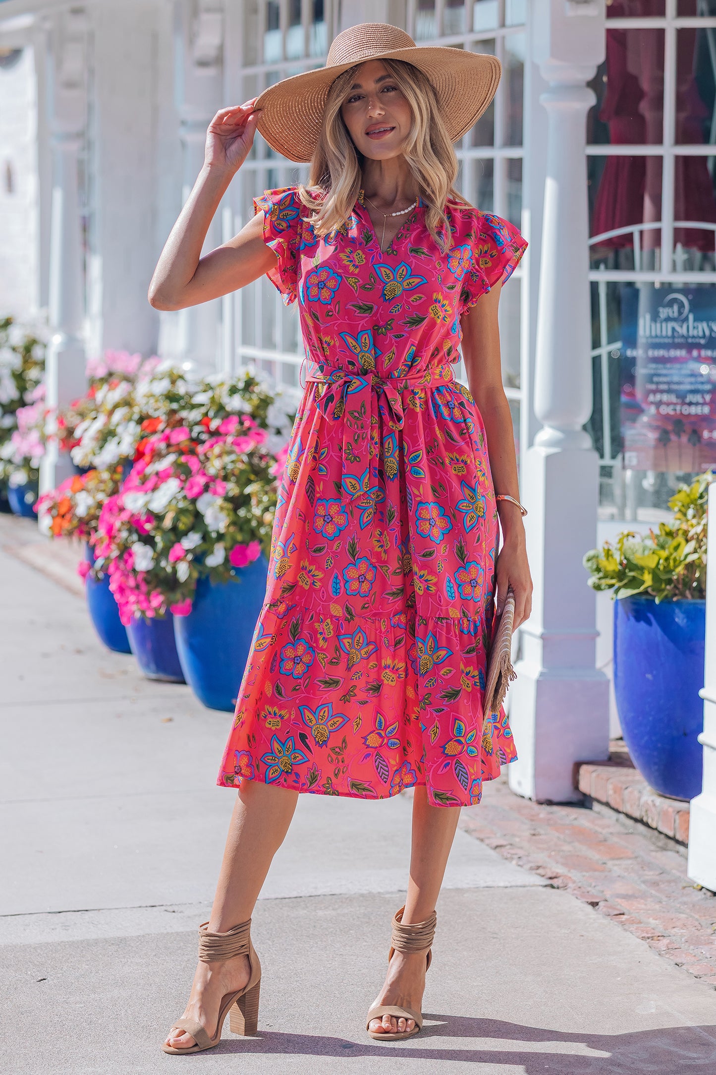 Rose Flutter Sleeve Belted Floral Long Dress-TOPS / DRESSES-[Adult]-[Female]-2022 Online Blue Zone Planet