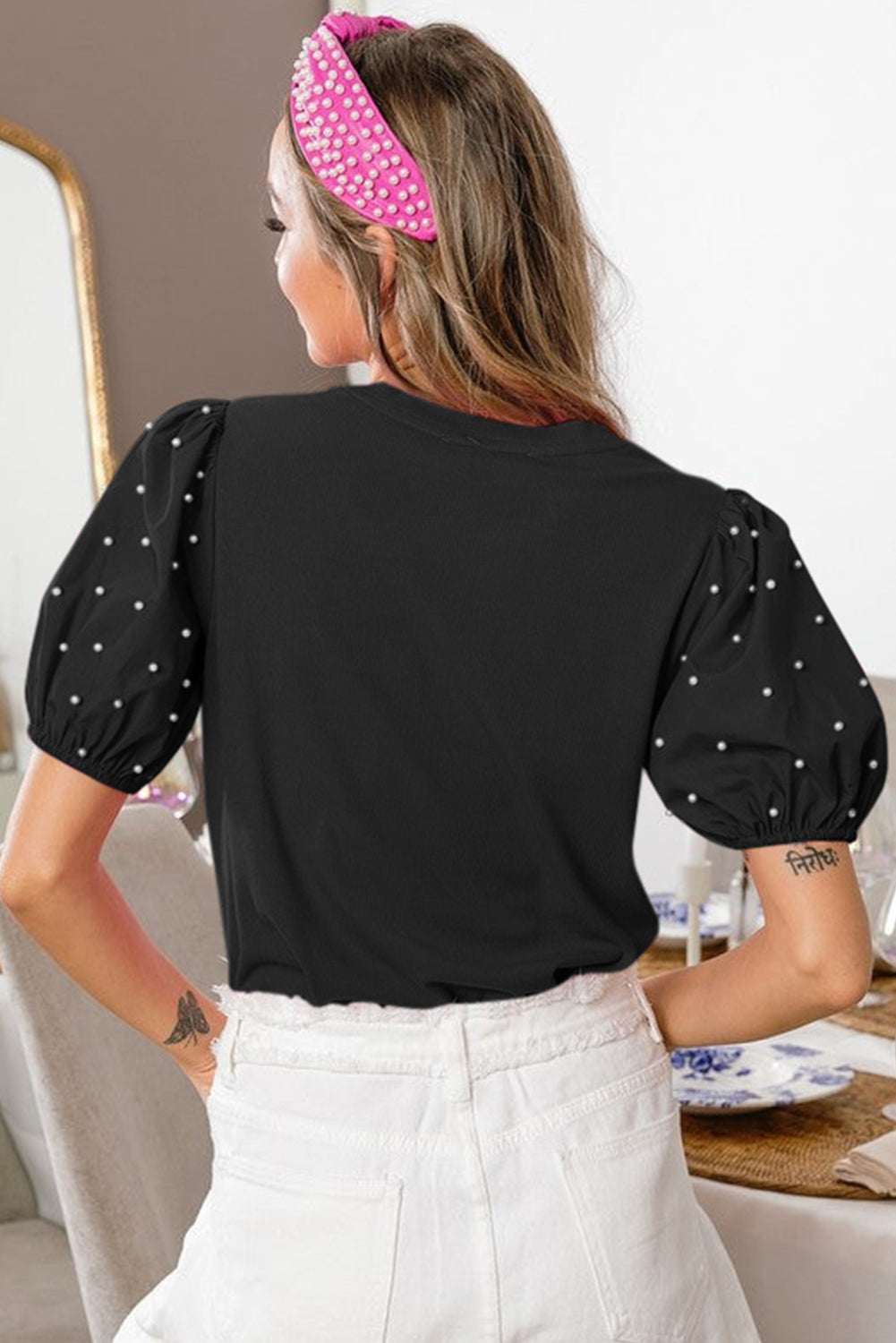 Black Ribbed Pearl Beaded Puff Sleeve Top-Tops/Blouses & Shirts-[Adult]-[Female]-2022 Online Blue Zone Planet