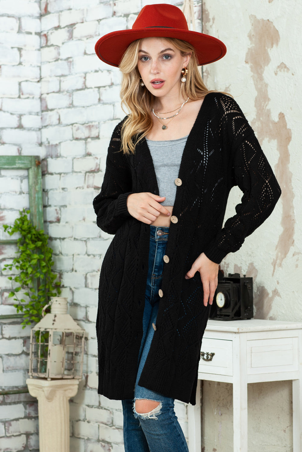 Black Button Up Hollow Out Loose Long Cardigan-Cardigans-[Adult]-[Female]-2022 Online Blue Zone Planet