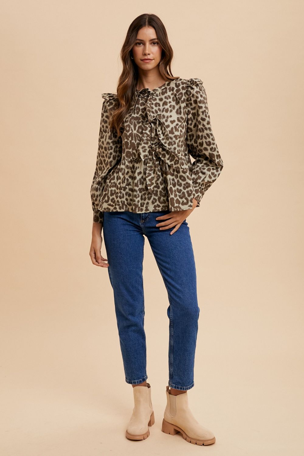 Annie Wear Tied Leopard Round Neck Peplum Blouse-TOPS / DRESSES-[Adult]-[Female]-2022 Online Blue Zone Planet