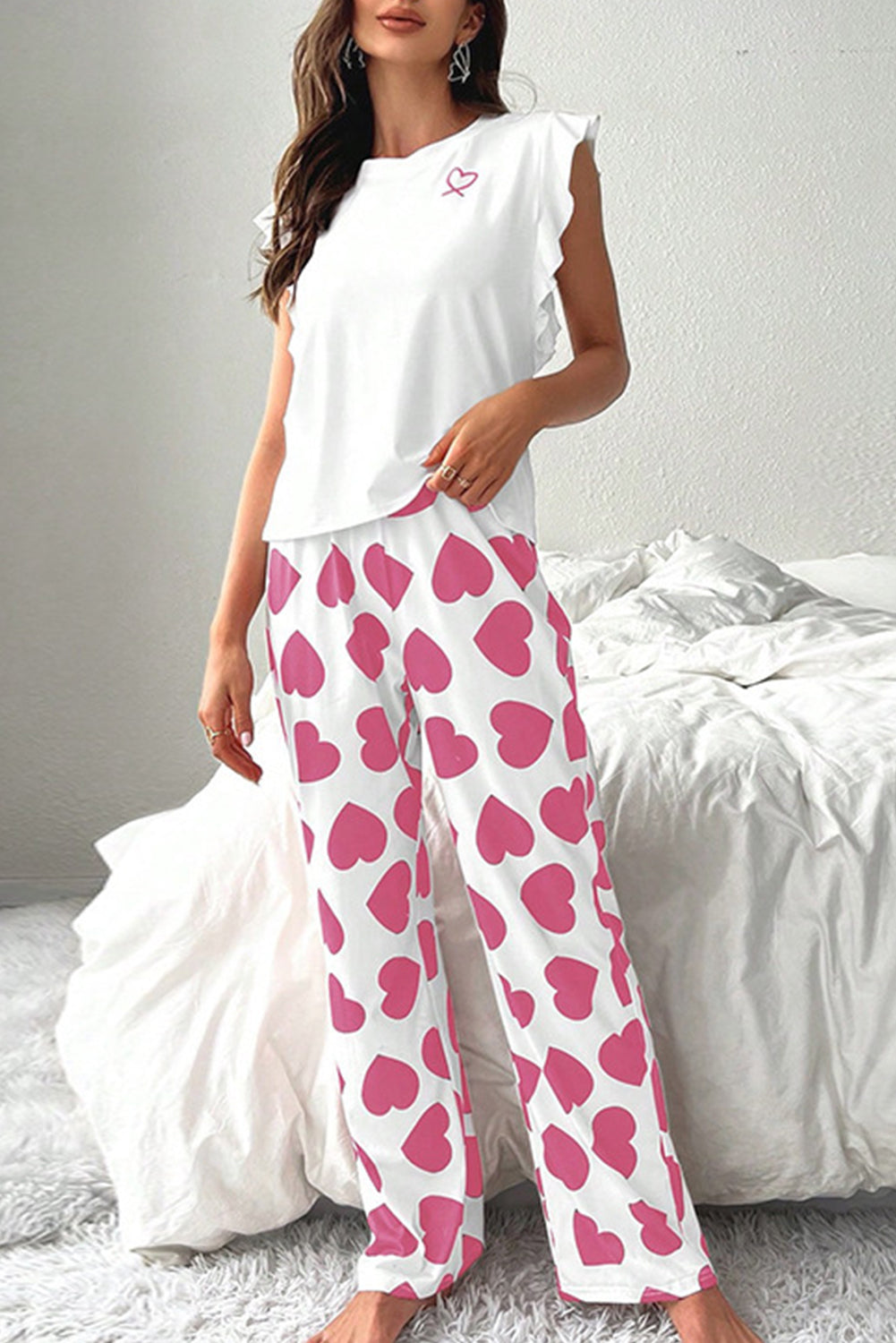 Pink Ruffled Tank Top And Heart Print Pants Lounge Set-Loungewear & Sleepwear/Loungewear-[Adult]-[Female]-2022 Online Blue Zone Planet