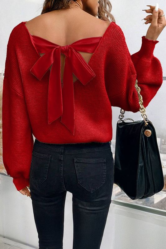 Racing Red Lantern Sleeve V Neck Knot Back Sweater-TOPS / DRESSES-[Adult]-[Female]-2022 Online Blue Zone Planet