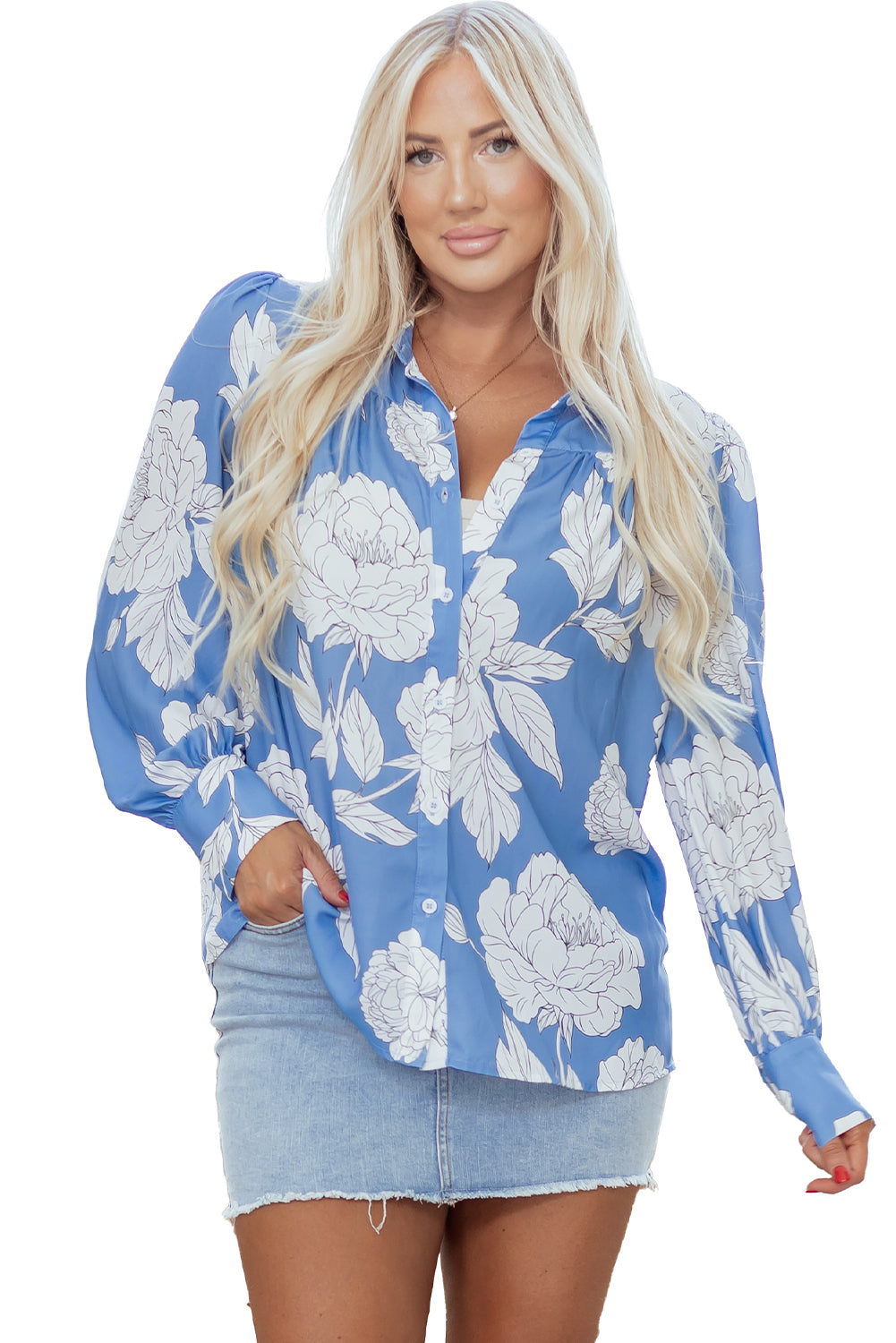 Sky Blue Floral Print Button Up Pleated Detail Puff Sleeve Shirt-Tops/Blouses & Shirts-[Adult]-[Female]-2022 Online Blue Zone Planet