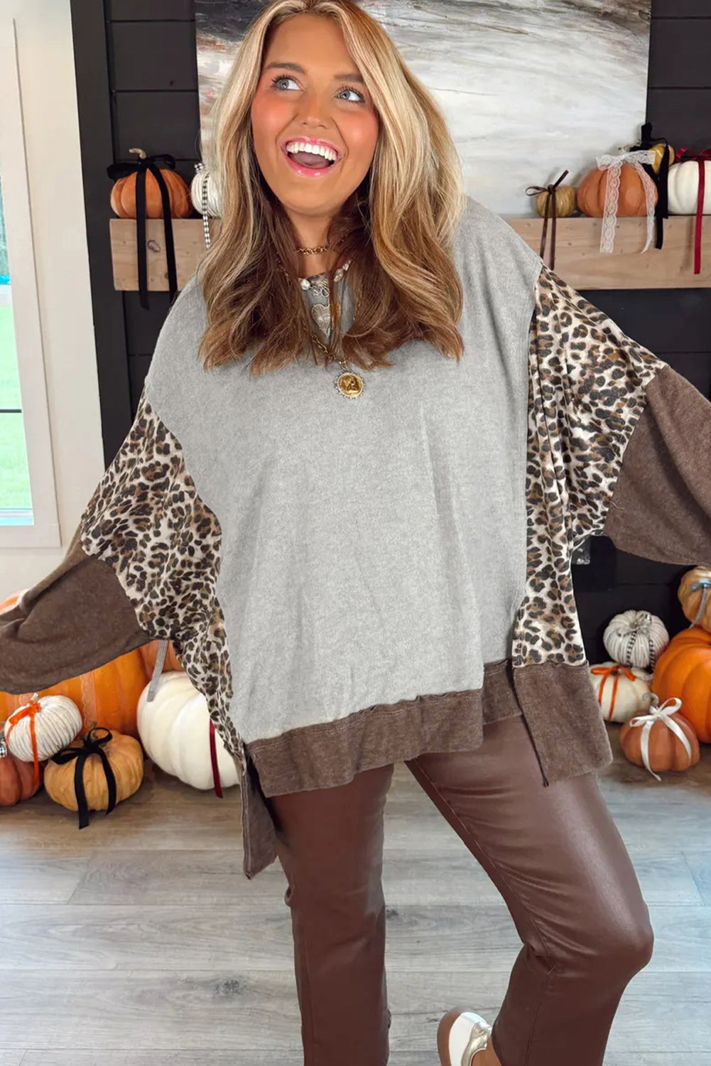 Gray Plus Size Leopard Color Block Patchwork Dolman Sweatshirt-Plus Size/Plus Size Sweatshirts & Hoodies-[Adult]-[Female]-2022 Online Blue Zone Planet