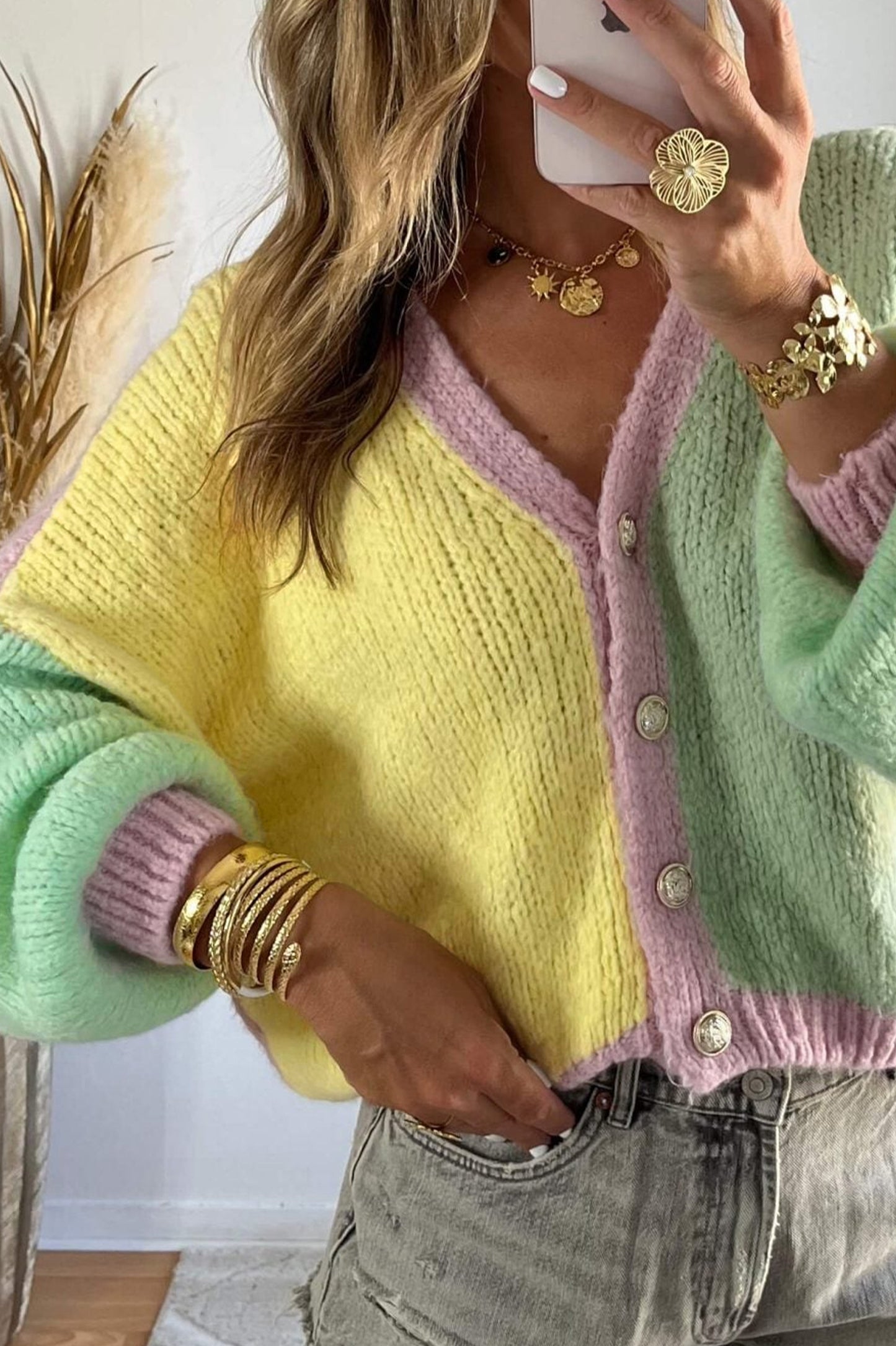 Yellow V Neck Drop Shoulder Patchwork Regular Wash Knitwear Cardigan-Sweaters & Cardigans/Cardigans-[Adult]-[Female]-2022 Online Blue Zone Planet