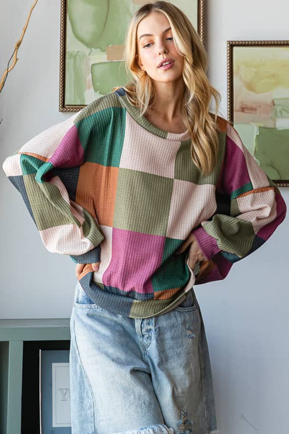 Green Checkered Print Textured Knit Long Sleeve Loose Top-Tops/Long Sleeve Tops-[Adult]-[Female]-2022 Online Blue Zone Planet