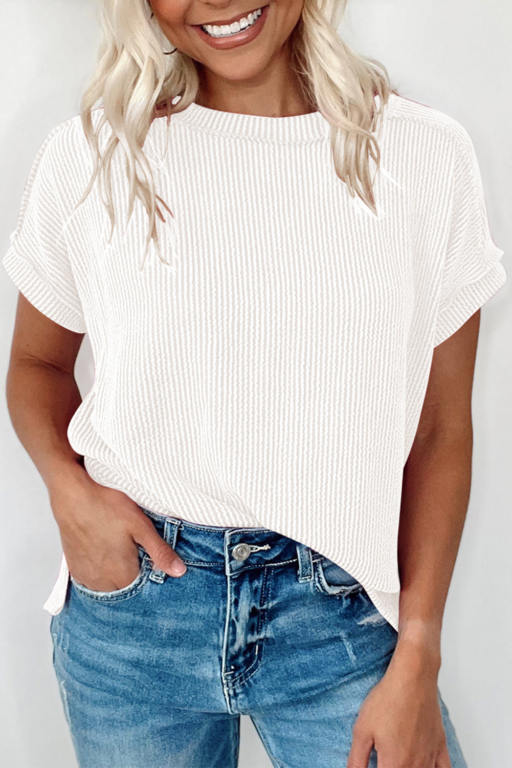 White Textured Knit Exposed Stitching T-Shirt-Tops/Tops & Tees-[Adult]-[Female]-White-S-2022 Online Blue Zone Planet