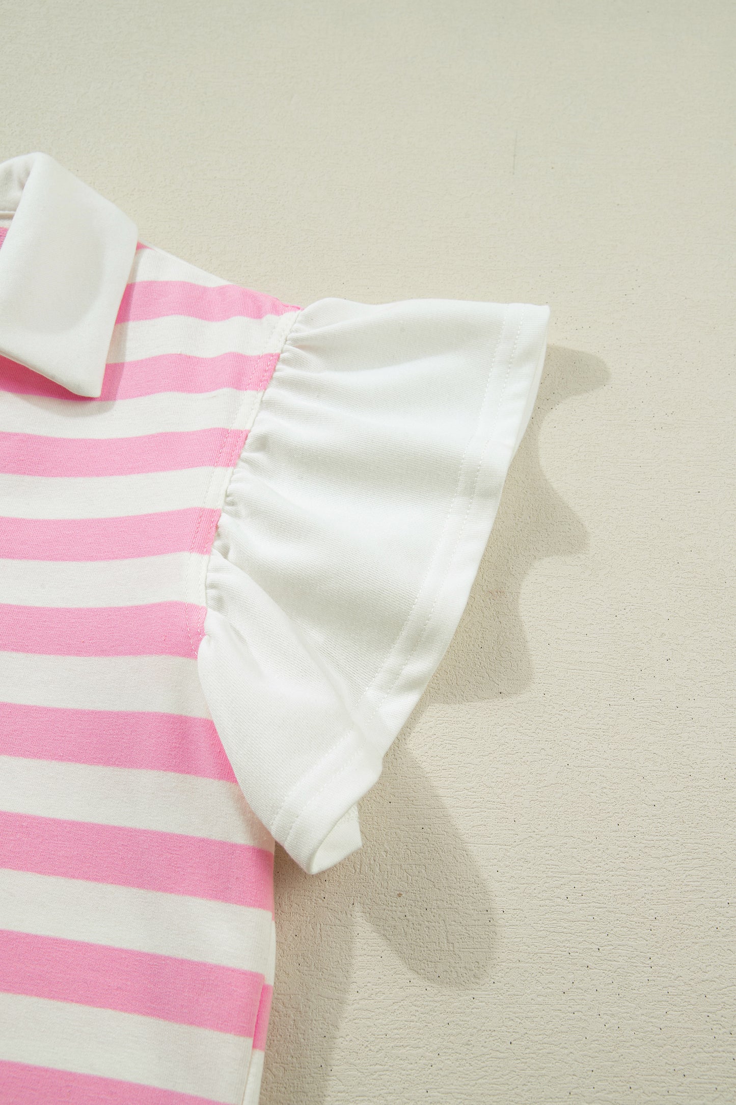 Pink Stripe Collar V Neck Ruffled Short Sleeve Blouse-Tops/Blouses & Shirts-[Adult]-[Female]-2022 Online Blue Zone Planet