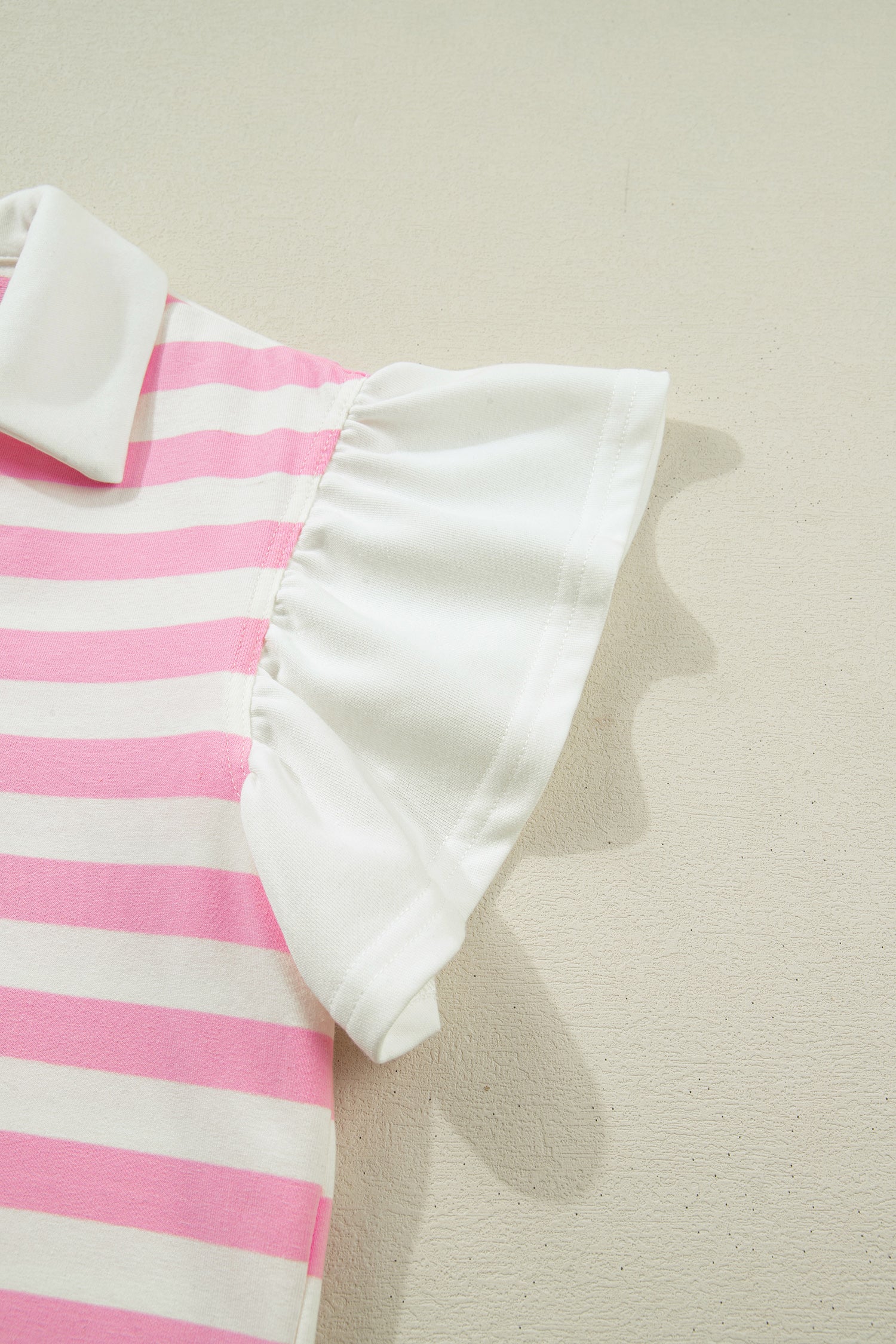 Pink Stripe Collar V Neck Ruffled Short Sleeve Blouse-Tops/Blouses & Shirts-[Adult]-[Female]-2022 Online Blue Zone Planet