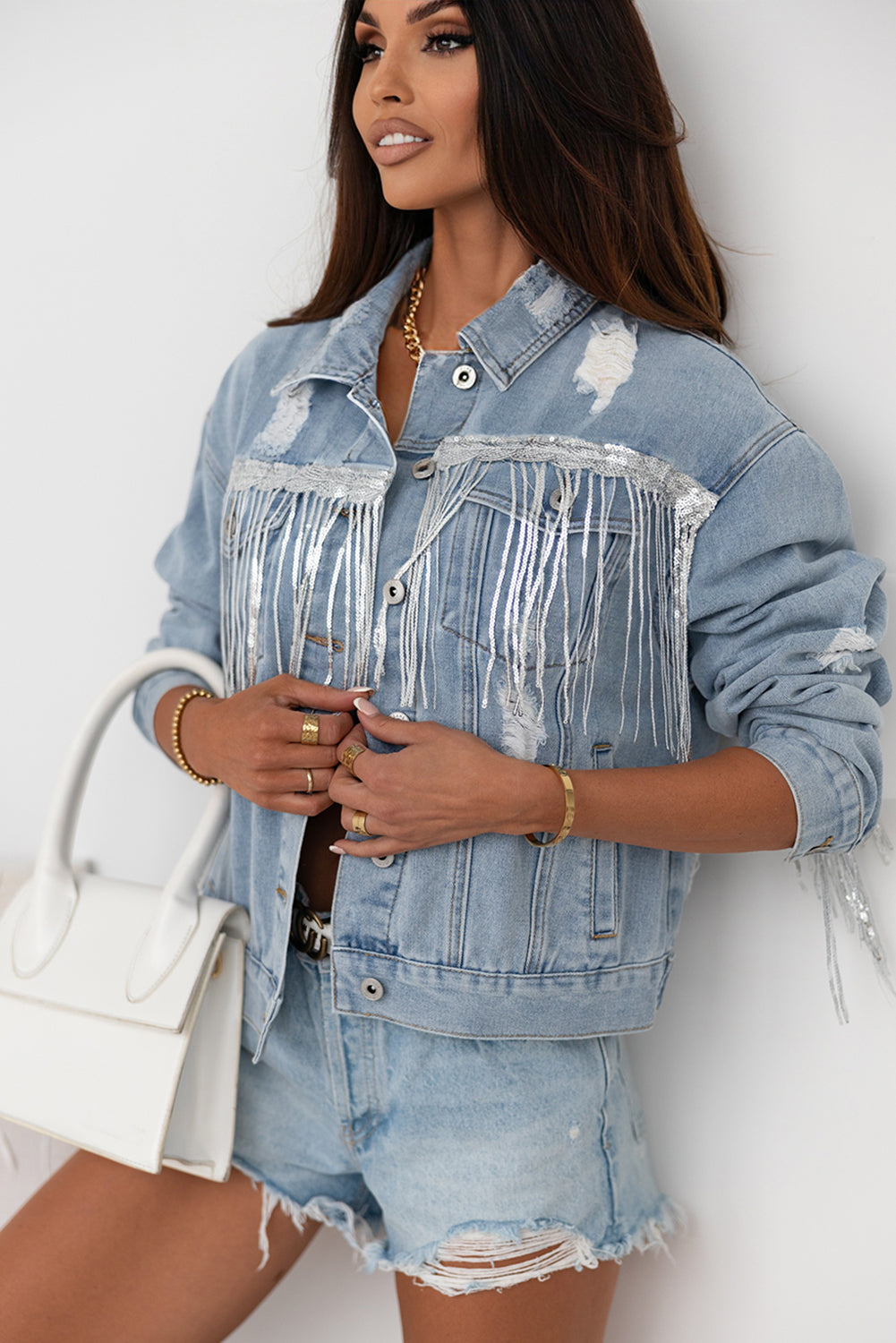 Sequin Fringe Trim Distressed Button Up Denim Jacket-TOPS / DRESSES-[Adult]-[Female]-2022 Online Blue Zone Planet