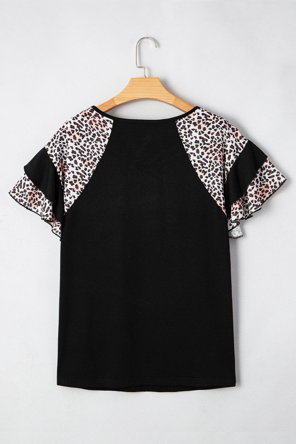 Black Leopard Ruffle Patchwork Sleeve Plus Size Summer Top-Plus Size/Plus Size Tops/Plus Size Tops & Tees-[Adult]-[Female]-2022 Online Blue Zone Planet