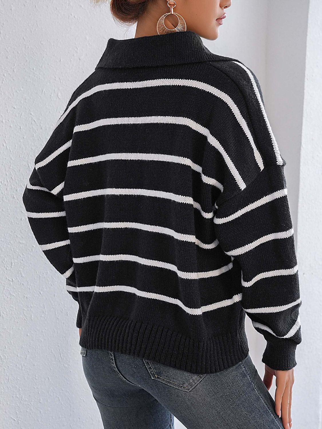 Blue Zone Planet | Striped Johnny Collar Long Sleeve Sweater-TOPS / DRESSES-[Adult]-[Female]-Black-One Size-2022 Online Blue Zone Planet