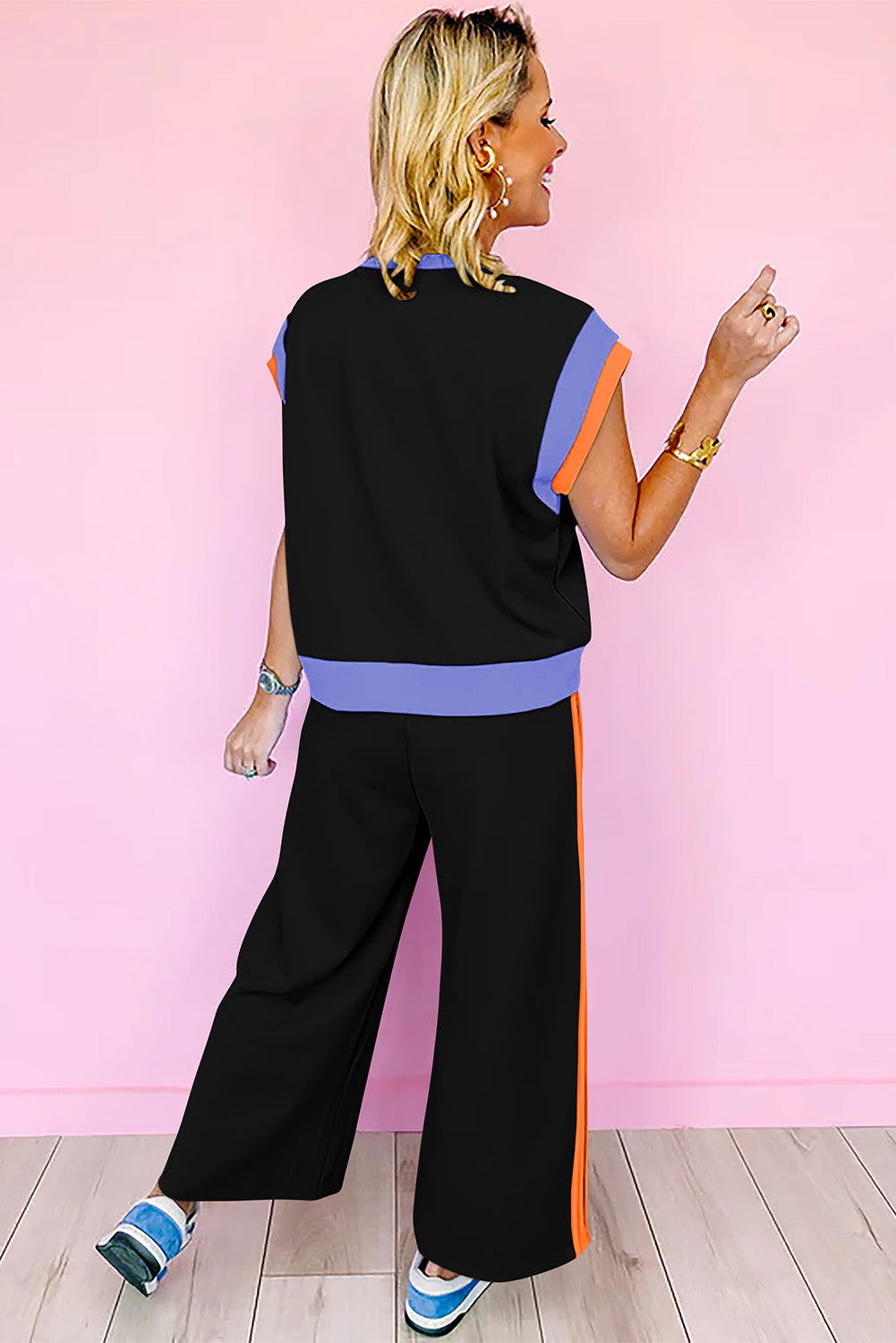 Racing Red Color Block Detail Casual Two-piece Set-Two Piece Sets/Pant Sets-[Adult]-[Female]-2022 Online Blue Zone Planet