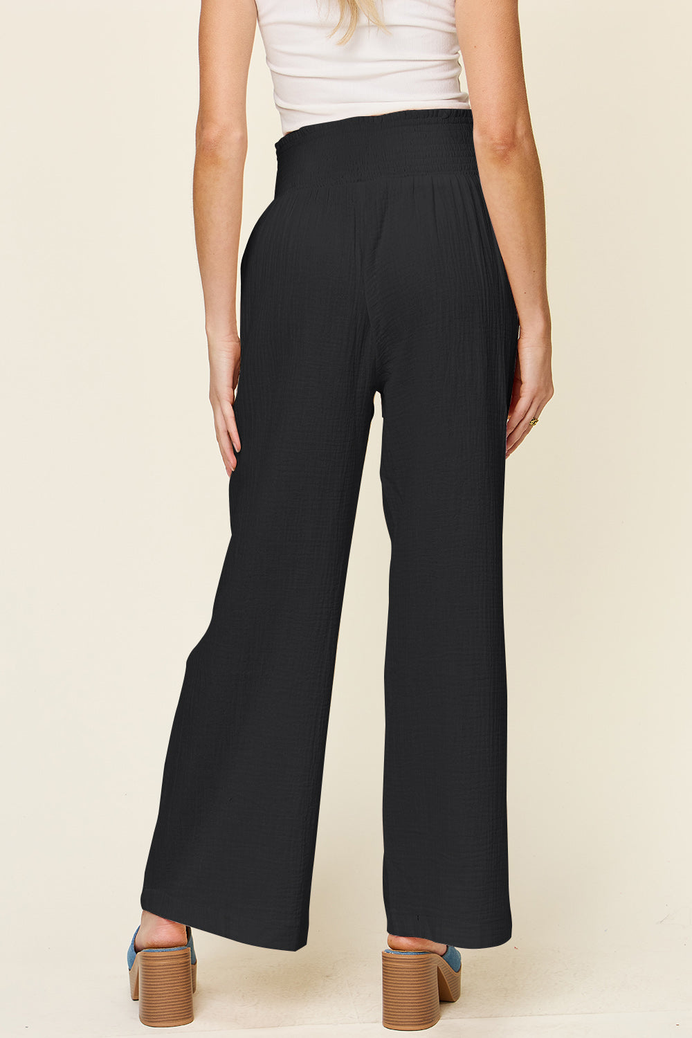 Double Take Full Size Texture Smocked Waist Wide Leg Pants-BOTTOMS SIZES SMALL MEDIUM LARGE-[Adult]-[Female]-2022 Online Blue Zone Planet