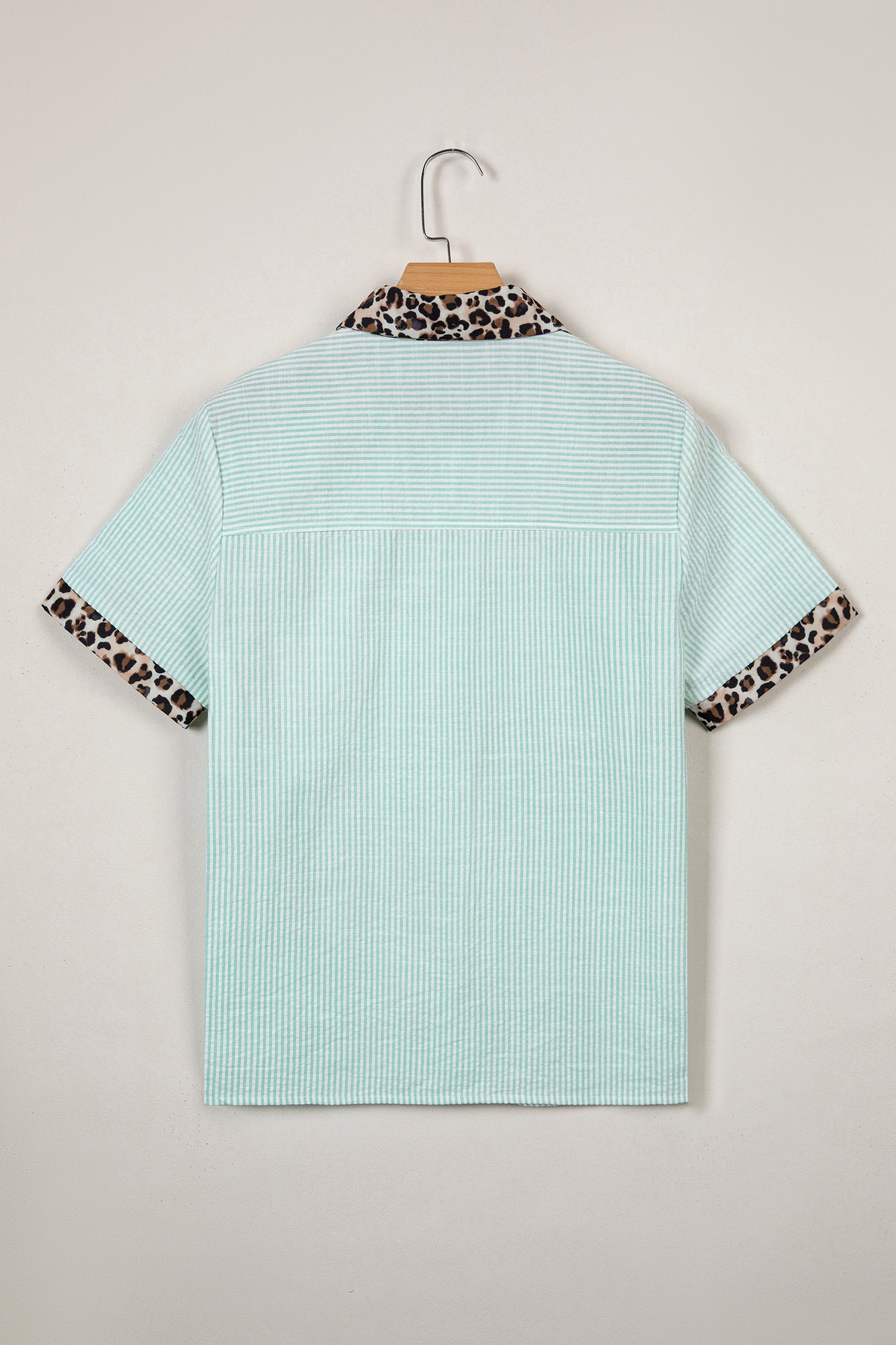 Sky Blue Stripe Leopard Contrast Collar Short Sleeve Shirt-Tops/Blouses & Shirts-[Adult]-[Female]-2022 Online Blue Zone Planet
