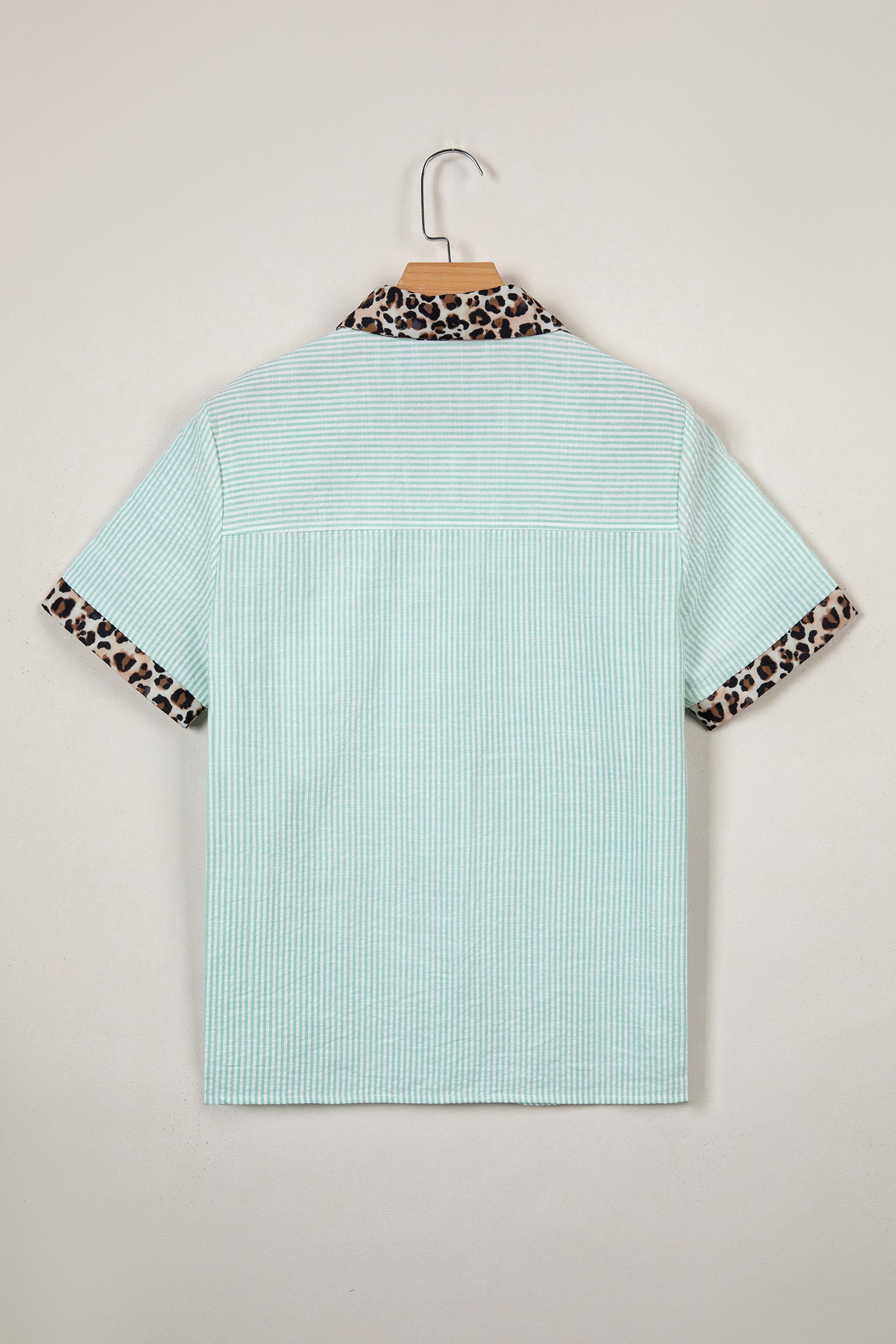 Sky Blue Stripe Leopard Contrast Collar Short Sleeve Shirt-Tops/Blouses & Shirts-[Adult]-[Female]-2022 Online Blue Zone Planet