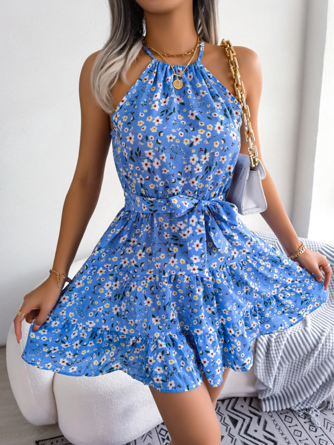 Tied Printed Grecian Neck Mini Dress-TOPS / DRESSES-[Adult]-[Female]-2022 Online Blue Zone Planet