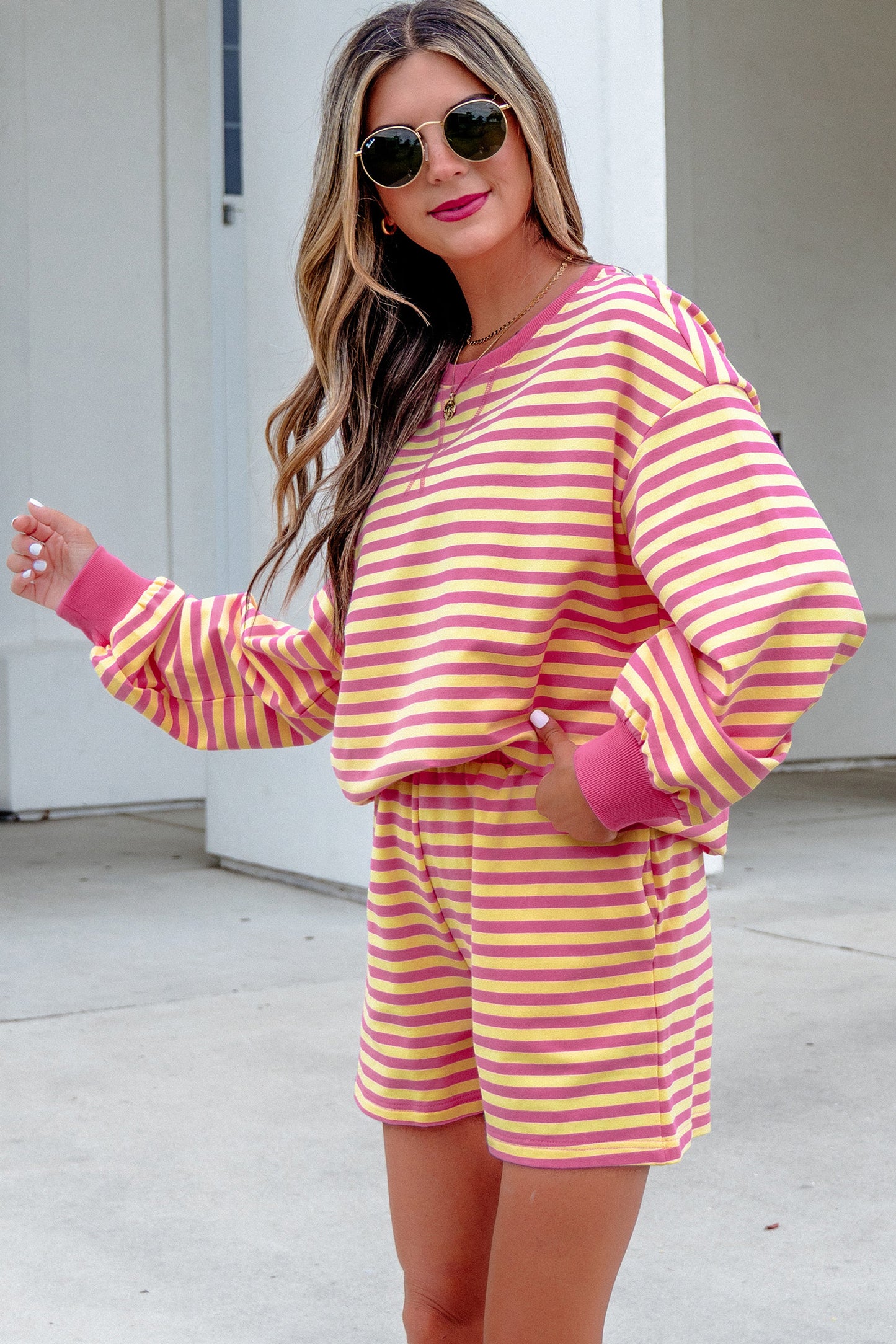 Yellow Stripe Color Block Trim Round Neck Long Sleeve Top Casual Shorts 2pcs Set-Two Piece Sets/Short Sets-[Adult]-[Female]-2022 Online Blue Zone Planet