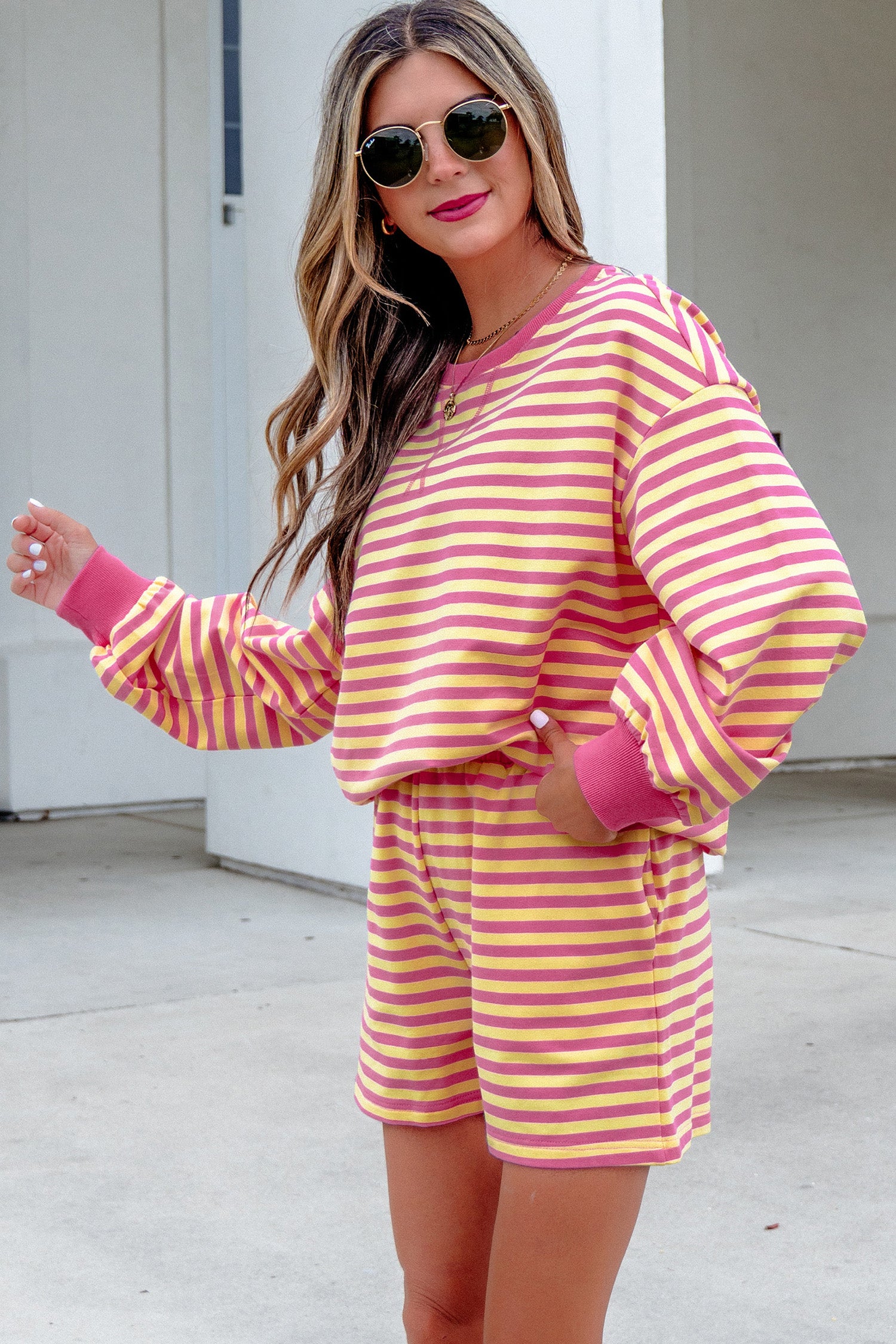 Yellow Stripe Color Block Trim Round Neck Long Sleeve Top Casual Shorts 2pcs Set-Two Piece Sets/Short Sets-[Adult]-[Female]-2022 Online Blue Zone Planet