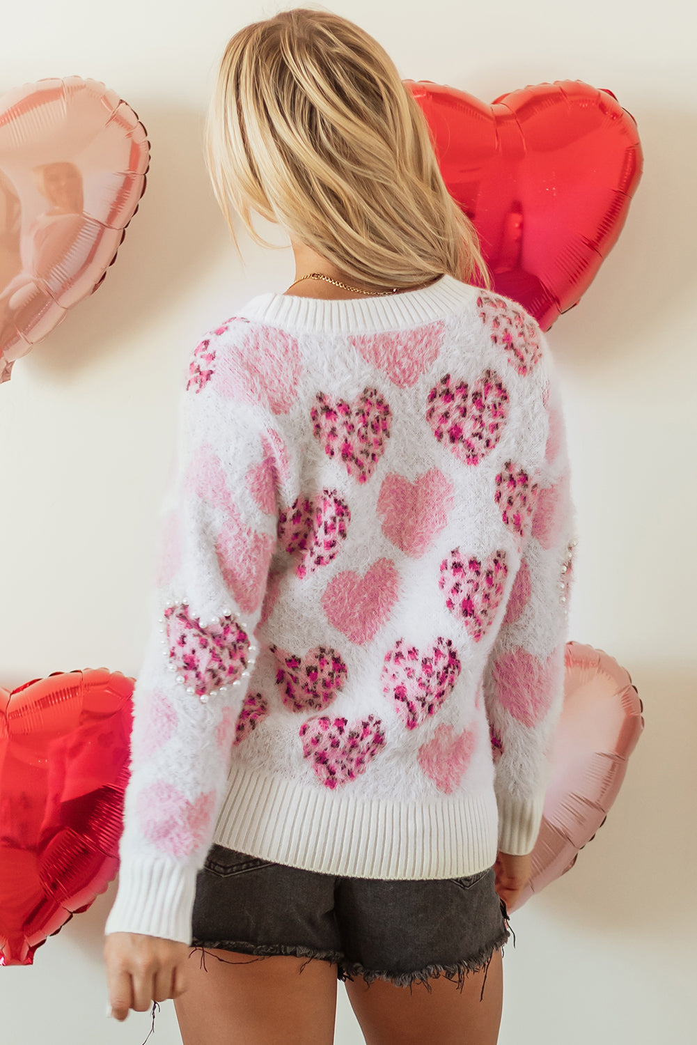 Blue Zone Planet | Pink Heart Leopard Print Pearled Ribbed Trim Fuzzy Sweater-Sweaters & Cardigans/Sweaters-[Adult]-[Female]-2022 Online Blue Zone Planet