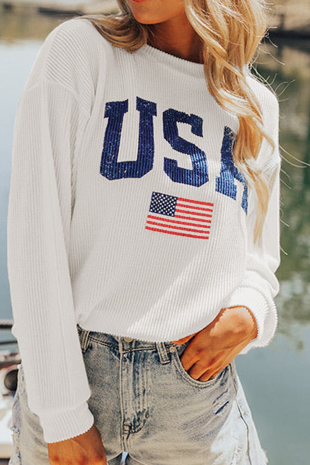 US Flag Corded Long Sleeve Sweatshirt-TOPS / DRESSES-[Adult]-[Female]-White-S-2022 Online Blue Zone Planet