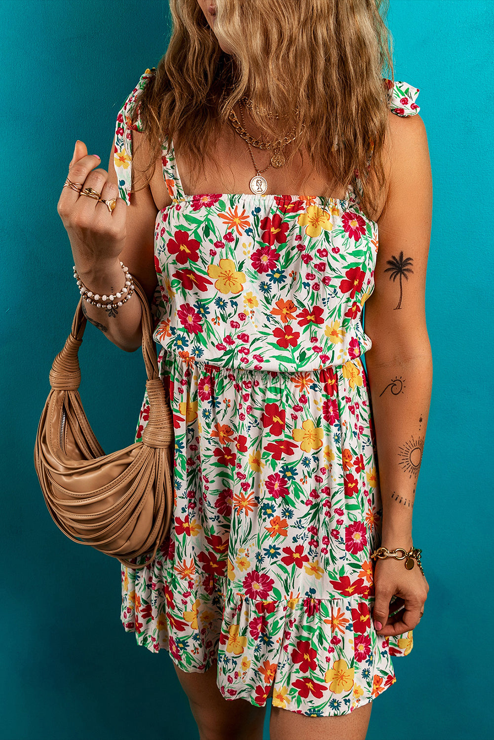 Red Floral Knotted Straps Cinched Waist Ruffle Hem Mini Dress-Dresses/Floral Dresses-[Adult]-[Female]-2022 Online Blue Zone Planet