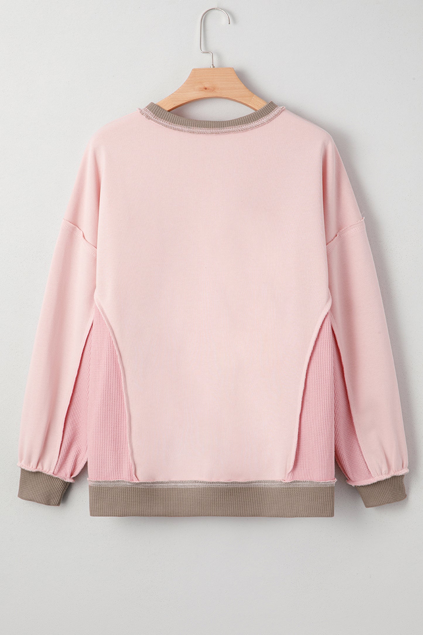 Light Pink Heart Bow Embroidered Exposed Seam Color Block Waffled Patchwork Sweatshirt-Graphic/Graphic Sweatshirts-[Adult]-[Female]-2022 Online Blue Zone Planet
