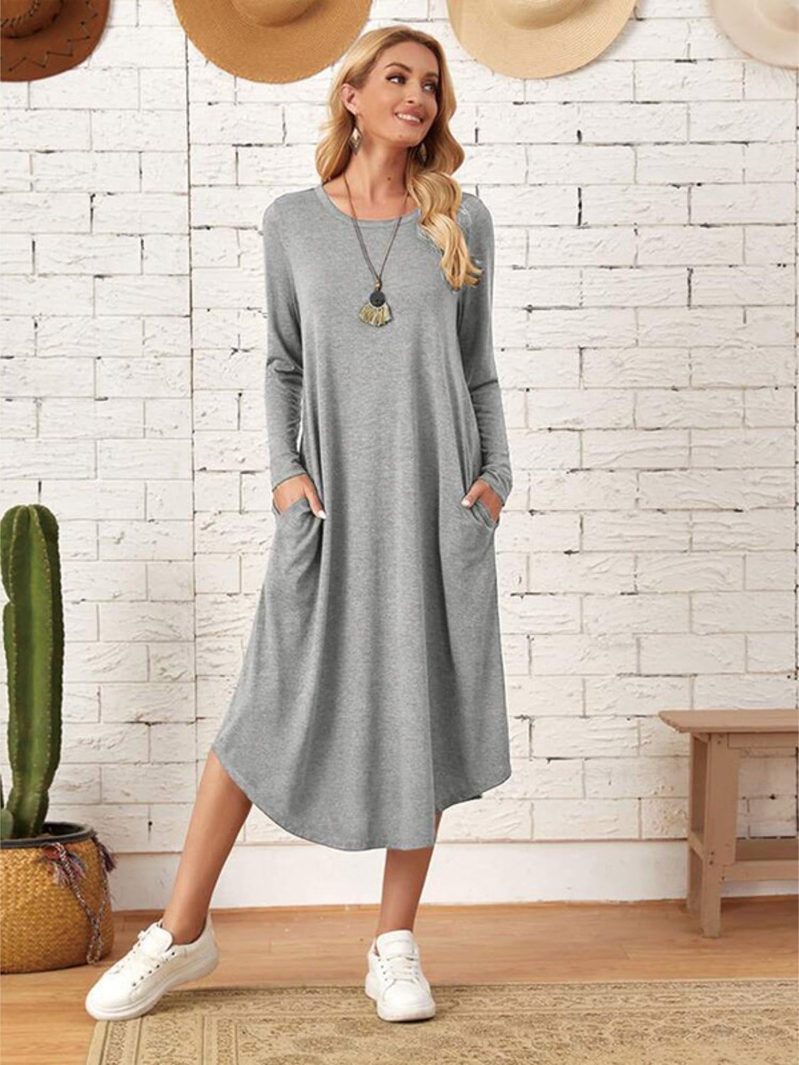 Pocketed Round Neck Long Sleeve Tee Dress-TOPS / DRESSES-[Adult]-[Female]-Gray-S-2022 Online Blue Zone Planet