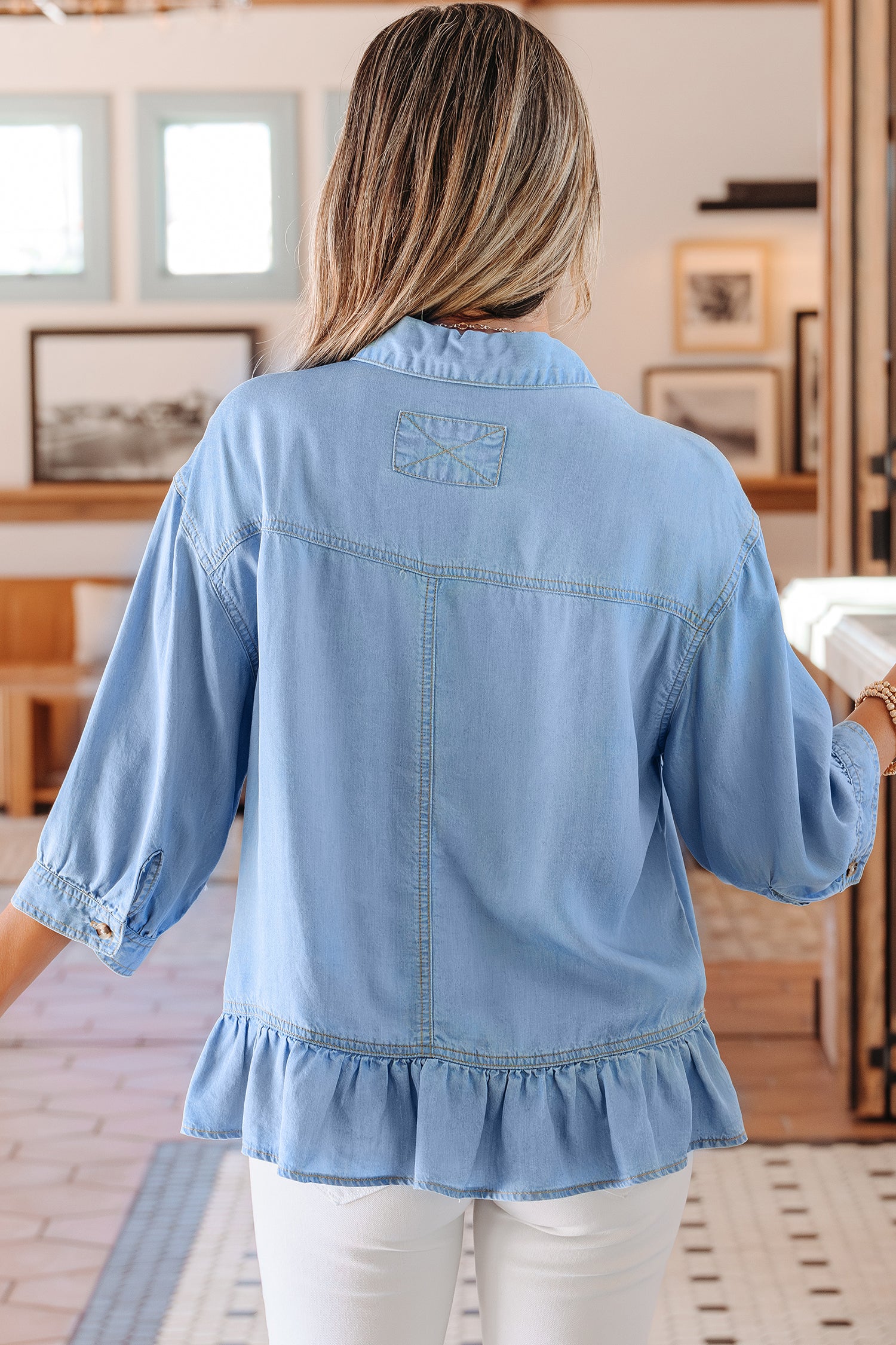 Beau Blue Half Sleeve Button Down Ruffled High Low Chambray Shirt-Tops/Blouses & Shirts-[Adult]-[Female]-2022 Online Blue Zone Planet