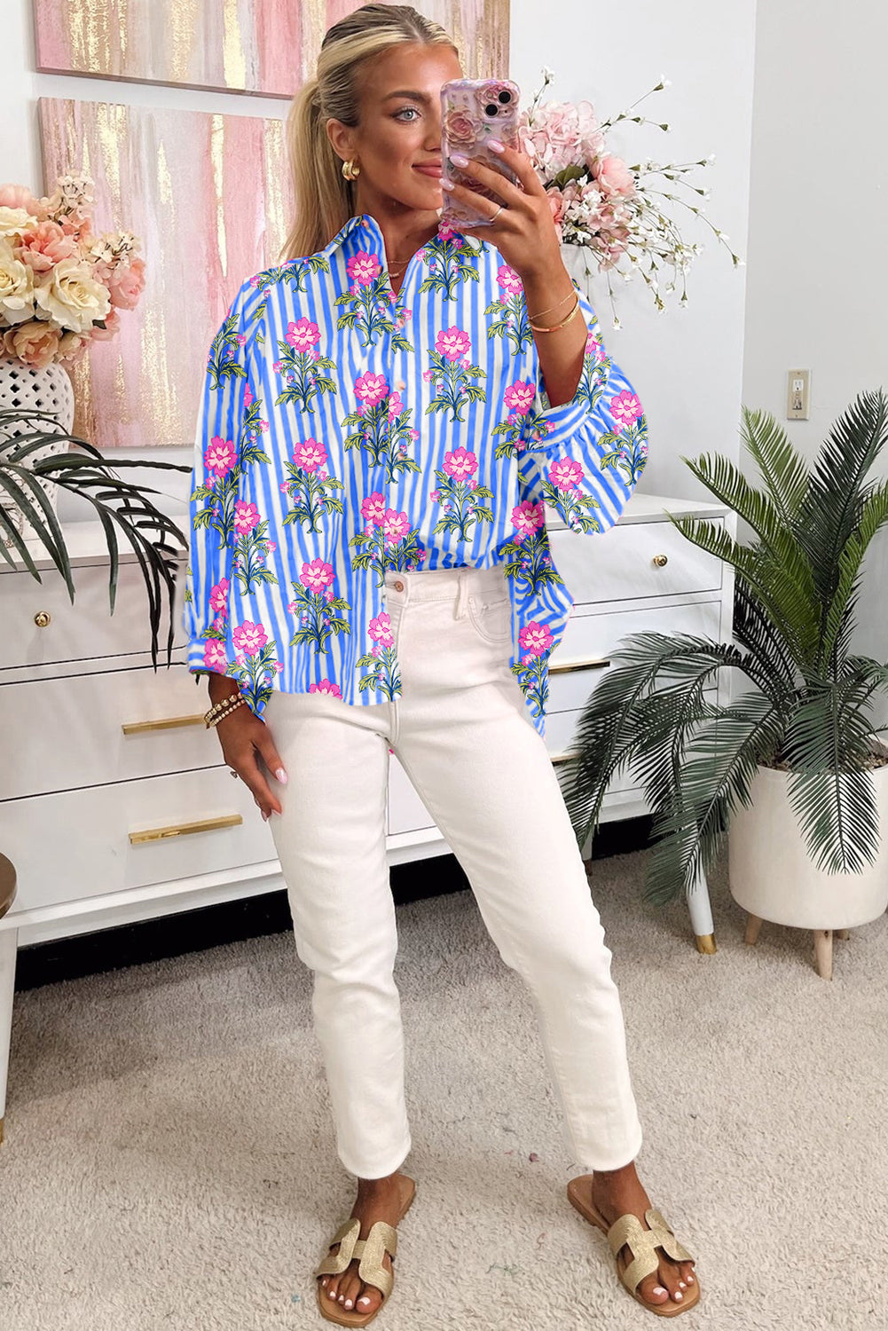 Blue Striped Floral Print Buttoned Cuffs Loose Fit Shirt-Tops/Blouses & Shirts-[Adult]-[Female]-2022 Online Blue Zone Planet
