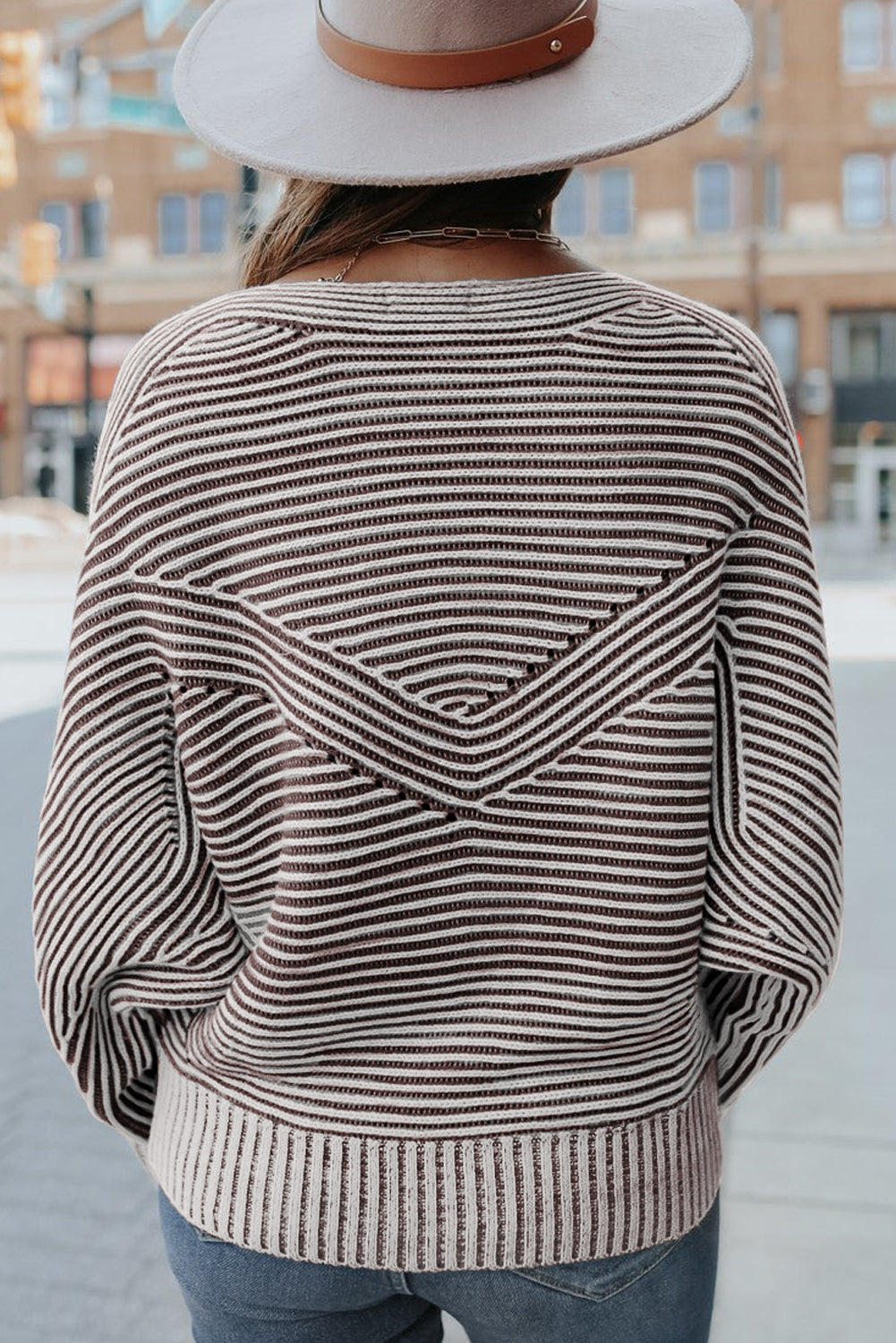 Coffee Striped Print Ribbed Knit Boat Neck Baggy Sweater-Sweaters & Cardigans/Sweaters-[Adult]-[Female]-2022 Online Blue Zone Planet