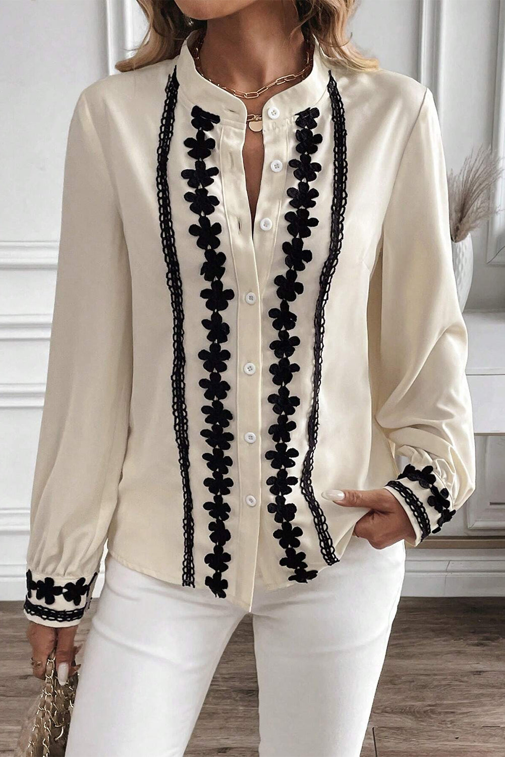 Beige Cute Flower Stand Neck Buttoned Shirt-Blouses-[Adult]-[Female]-2022 Online Blue Zone Planet