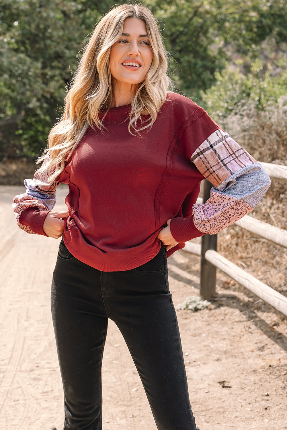 Red Sandalwood Plaid Colorblock Patchwork Sleeve Raw Seam Sweatshirt-Tops/Sweatshirts & Hoodies-[Adult]-[Female]-2022 Online Blue Zone Planet