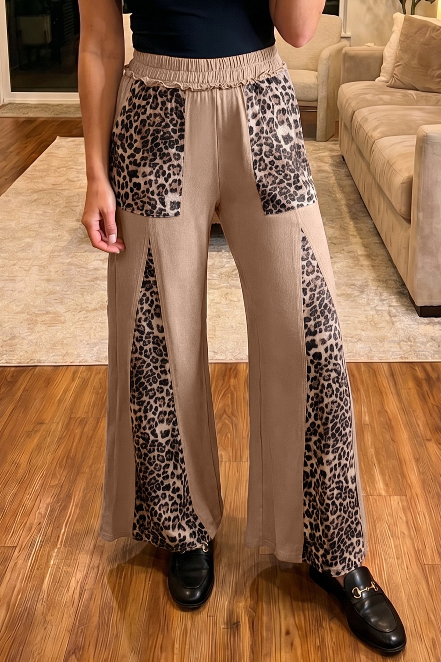 Straw Yellow Mineral Wash Leopard Patchwork Wide Leg Pants-Bottoms/Pants & Culotte-[Adult]-[Female]-2022 Online Blue Zone Planet