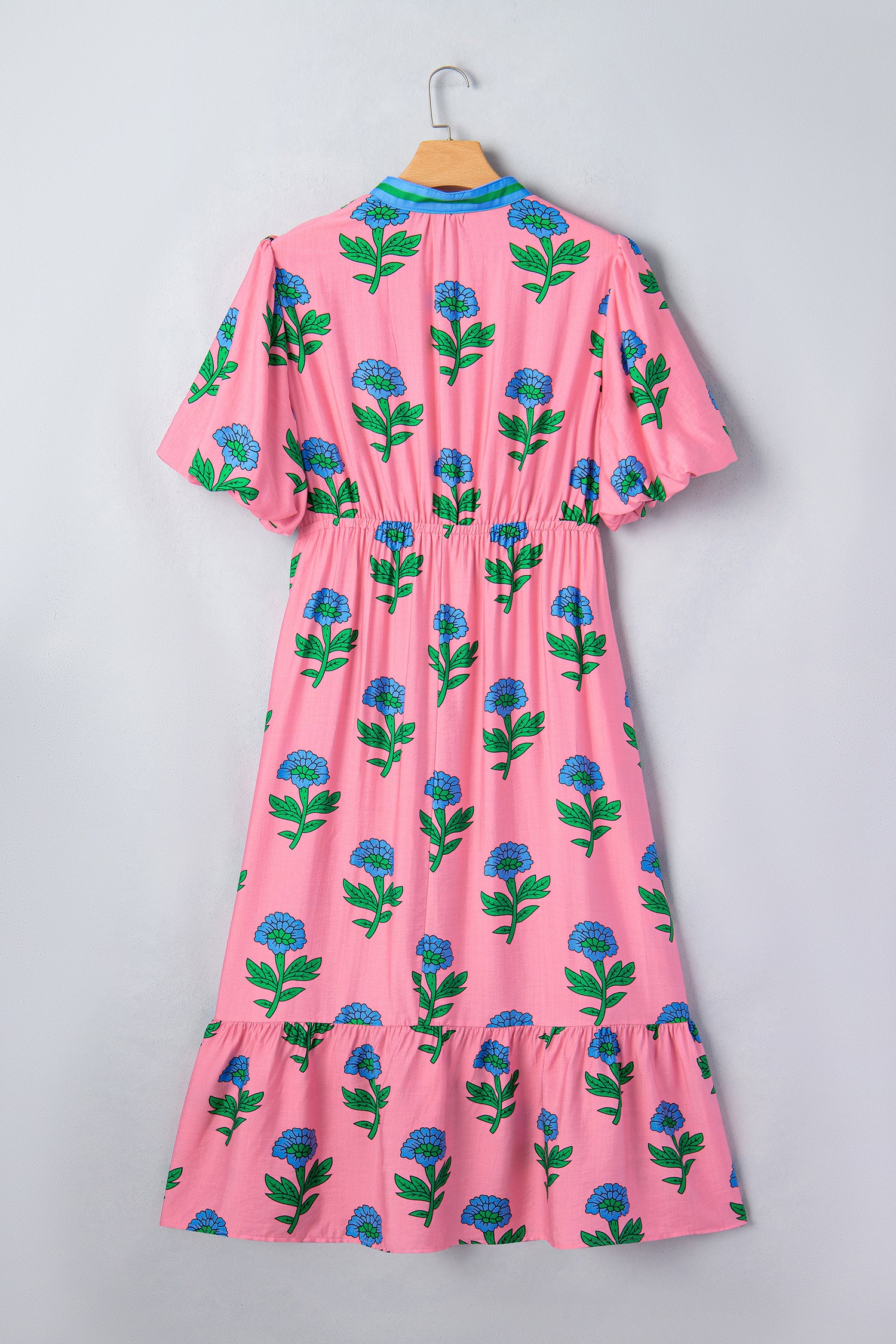 Pink Plus Size Striped V Neck Ruffled Floral Long Dress-Plus Size/Plus Size Dresses/Plus Size Maxi Dresses-[Adult]-[Female]-2022 Online Blue Zone Planet