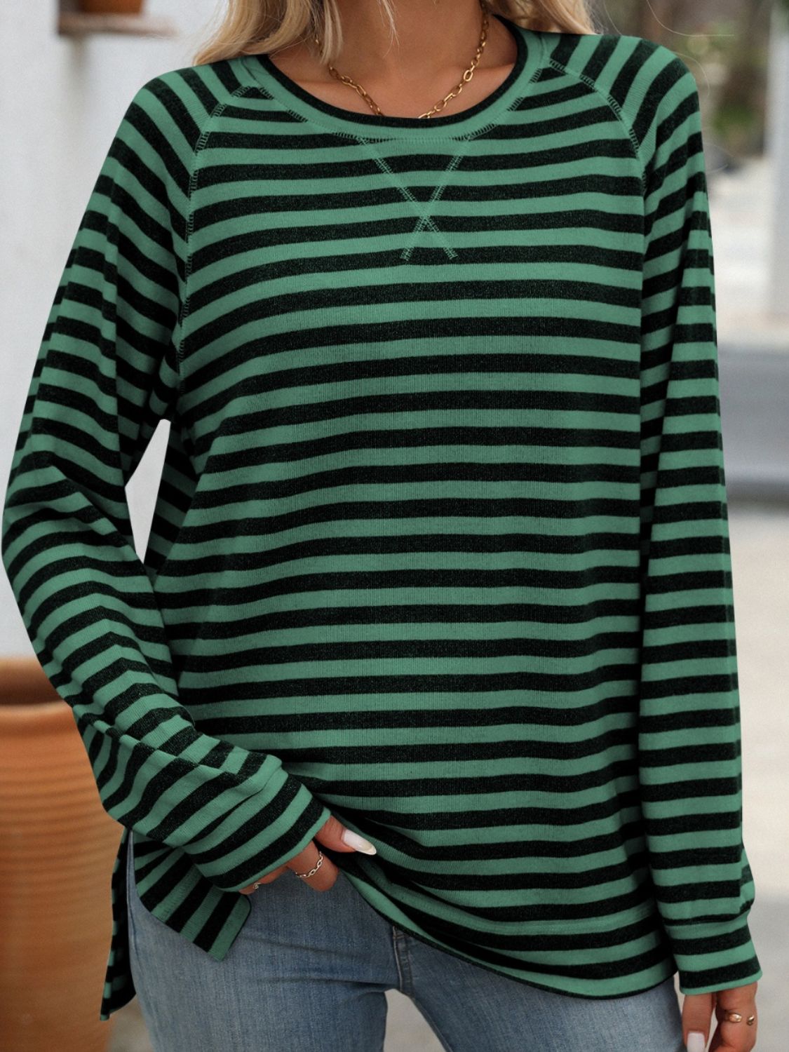 Blue Zone Planet | Mandy Striped Round Neck Long Sleeve T-Shirt-TOPS / DRESSES-[Adult]-[Female]-2022 Online Blue Zone Planet