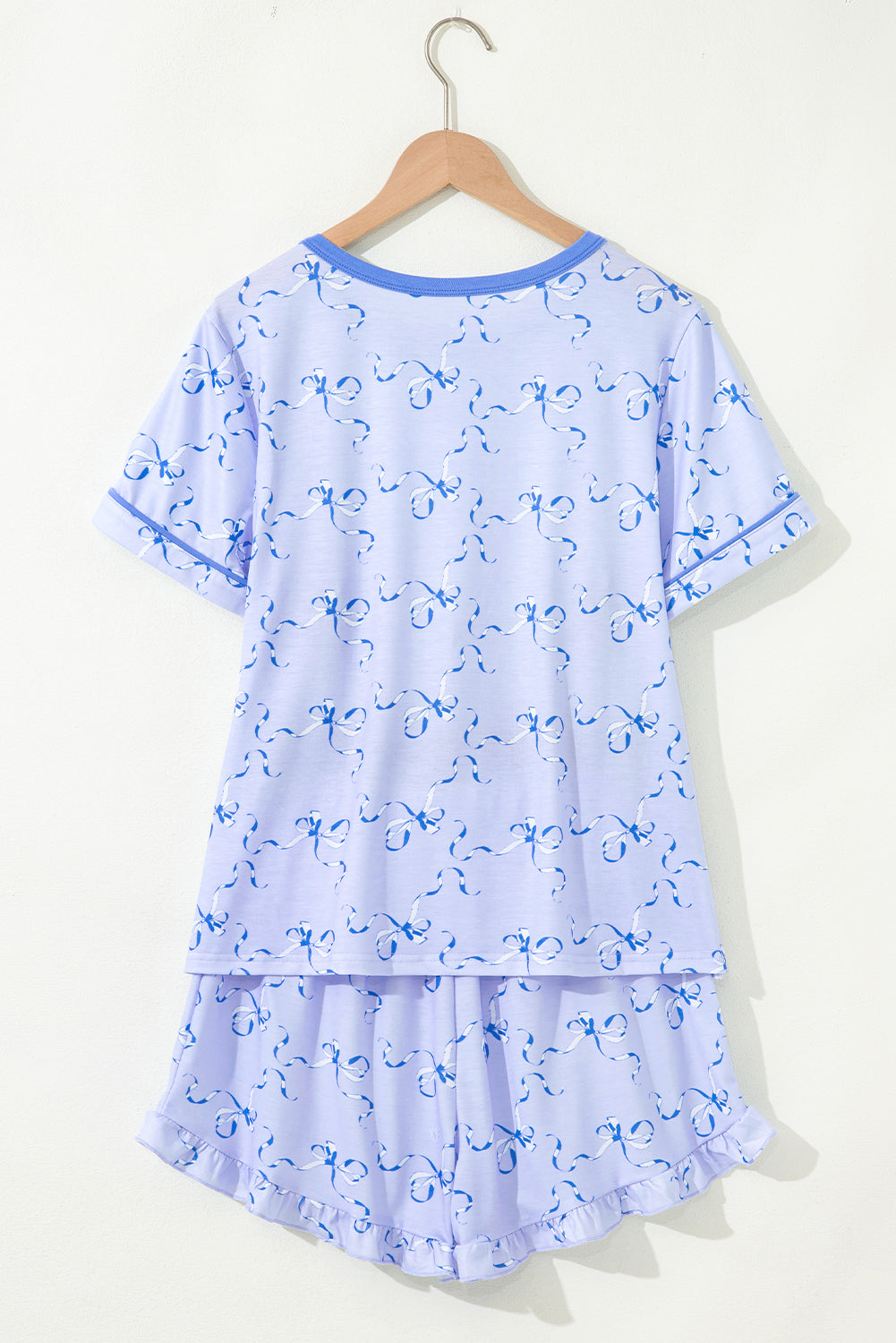 Sky Blue Bow Printed Ruffled Short Lounge Set-Loungewear & Sleepwear/Loungewear-[Adult]-[Female]-2022 Online Blue Zone Planet