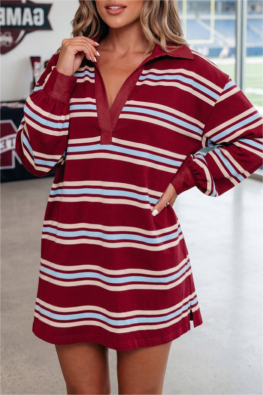 Red Stripe Retro Polo Collar Long Sleeve T Shirt Shift Mini Dress-Dresses/Mini Dresses-[Adult]-[Female]-Red Stripe-S-2022 Online Blue Zone Planet