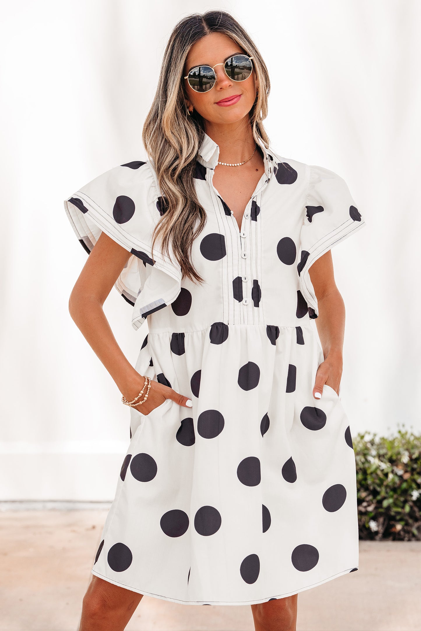 White Polka Dot Print Half Button Ruffled Short Sleeve Loose Mini Dress-Dresses/Mini Dresses-[Adult]-[Female]-White-S-2022 Online Blue Zone Planet