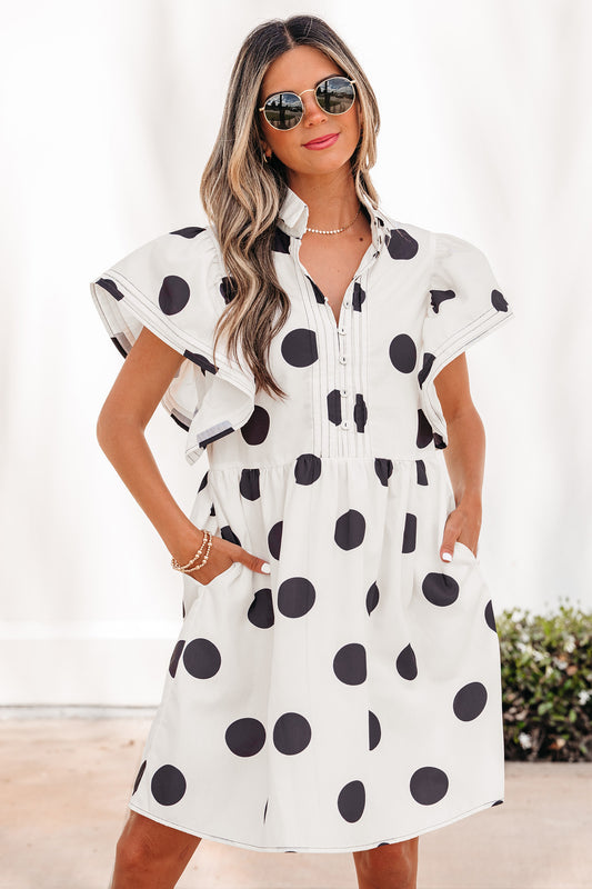 White Polka Dot Print Half Button Ruffled Short Sleeve Loose Mini Dress-Dresses/Mini Dresses-[Adult]-[Female]-White-S-2022 Online Blue Zone Planet